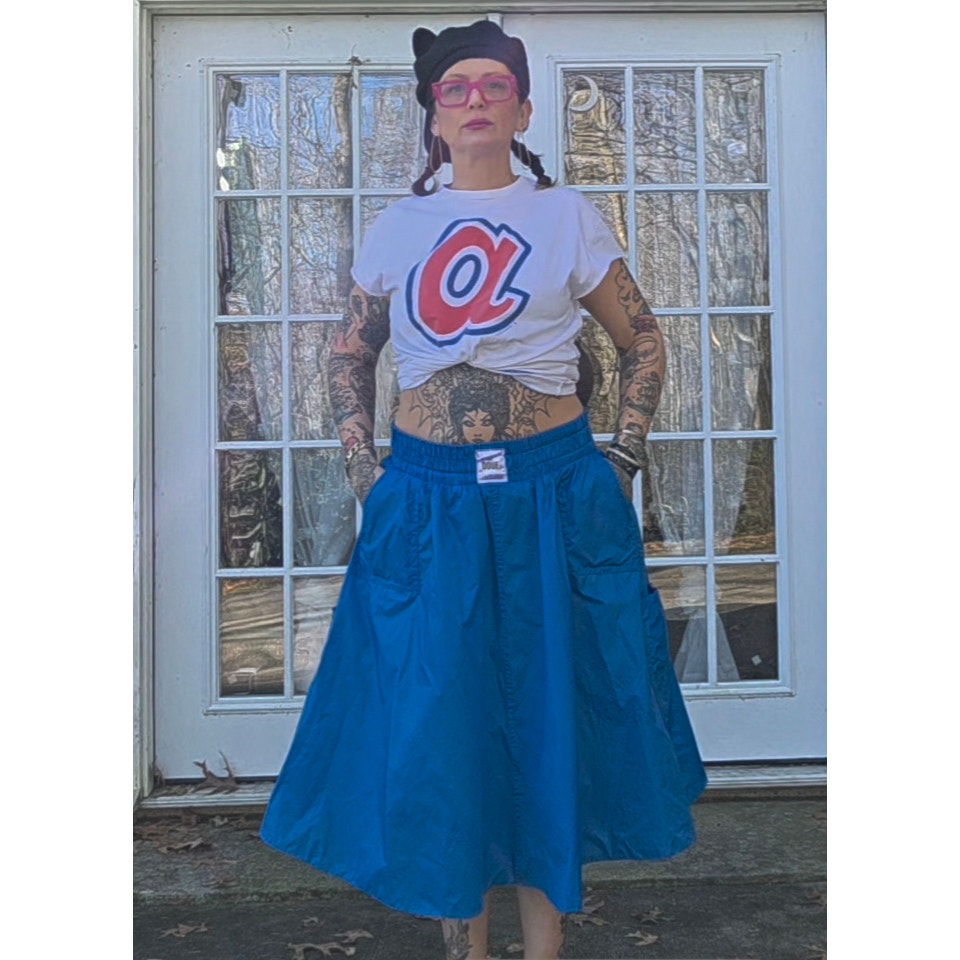 Douf. Blue Nylon Raver skirt pockets elastic waist Handmade 1 of 1 One Size