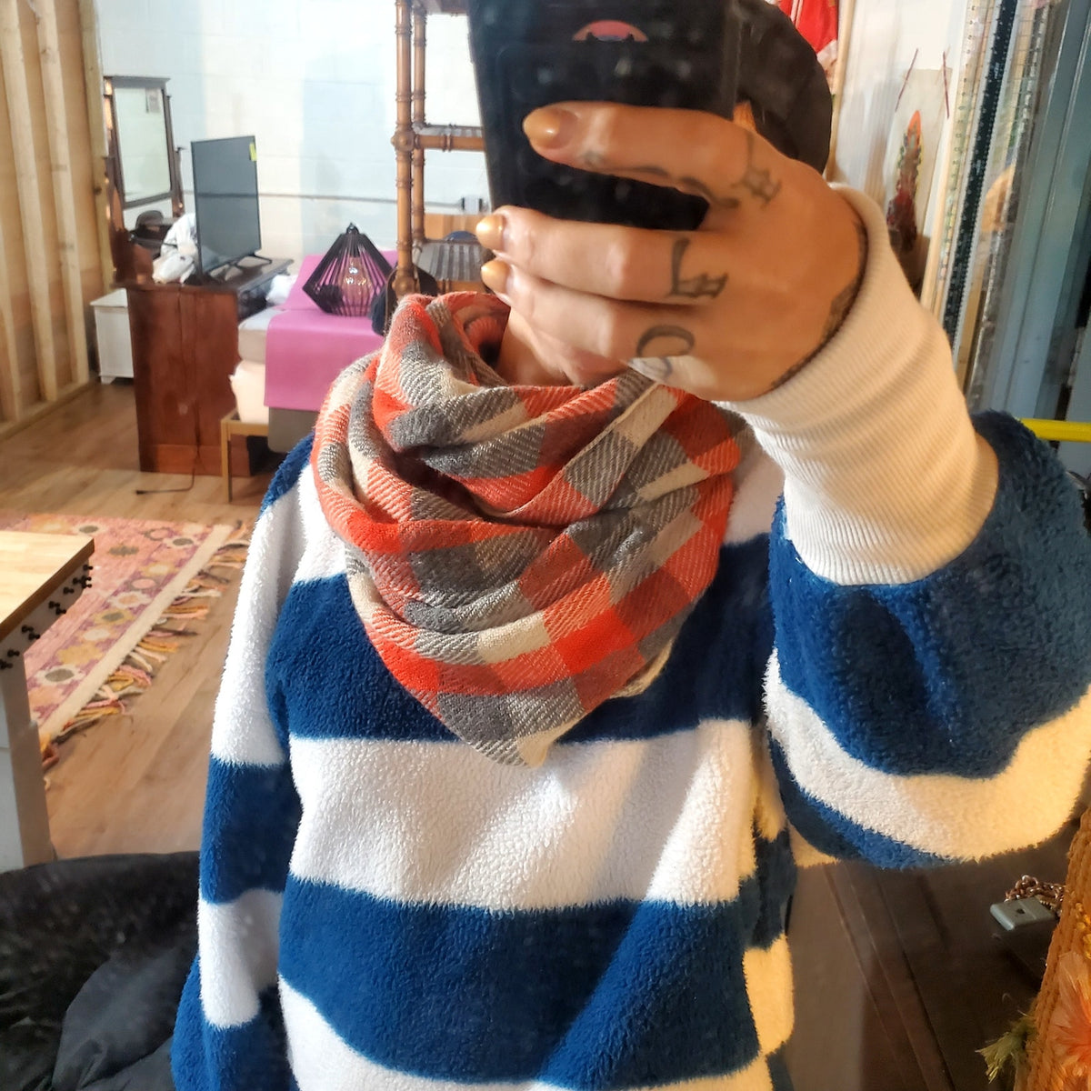Orange and gray plaid knit infinity scarf acrylic