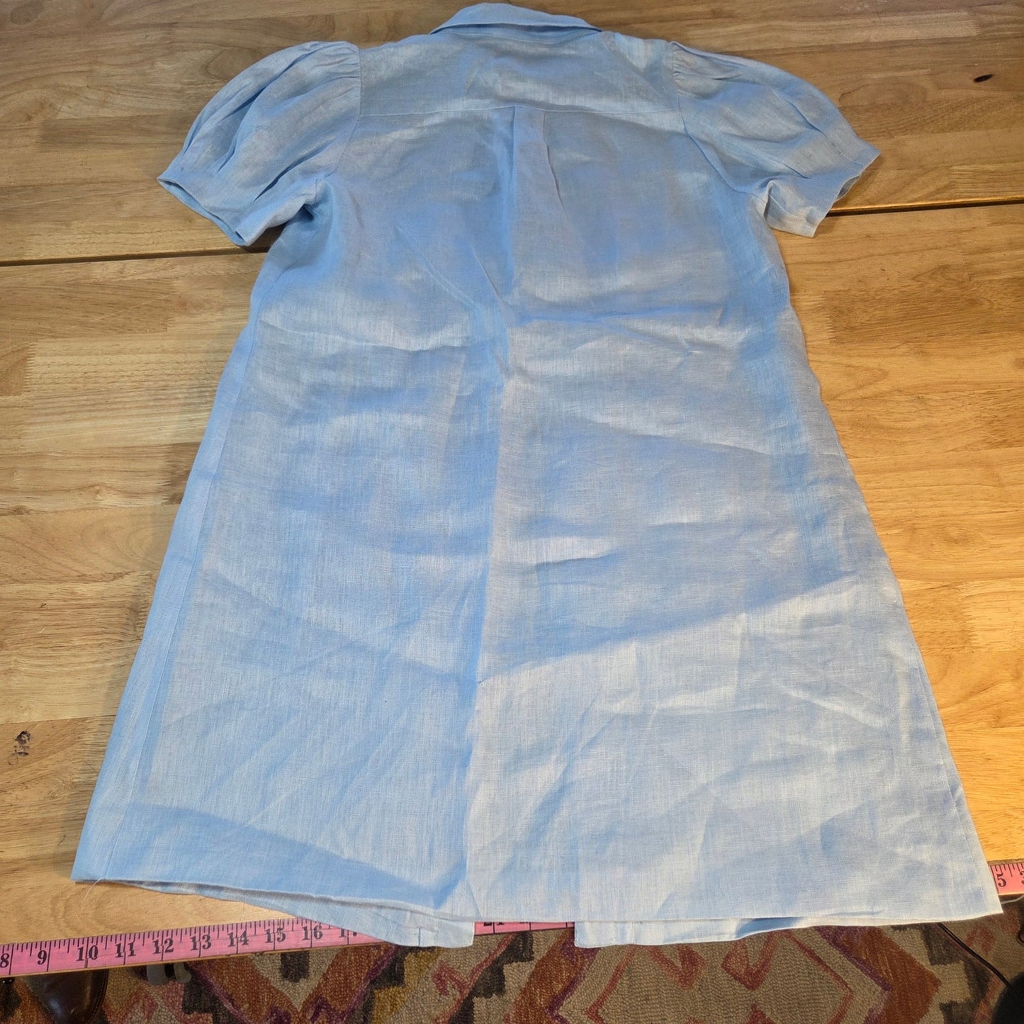 DolceCabo fully lined blue linen puff sleeve collared shirt dress mini 20" p2p