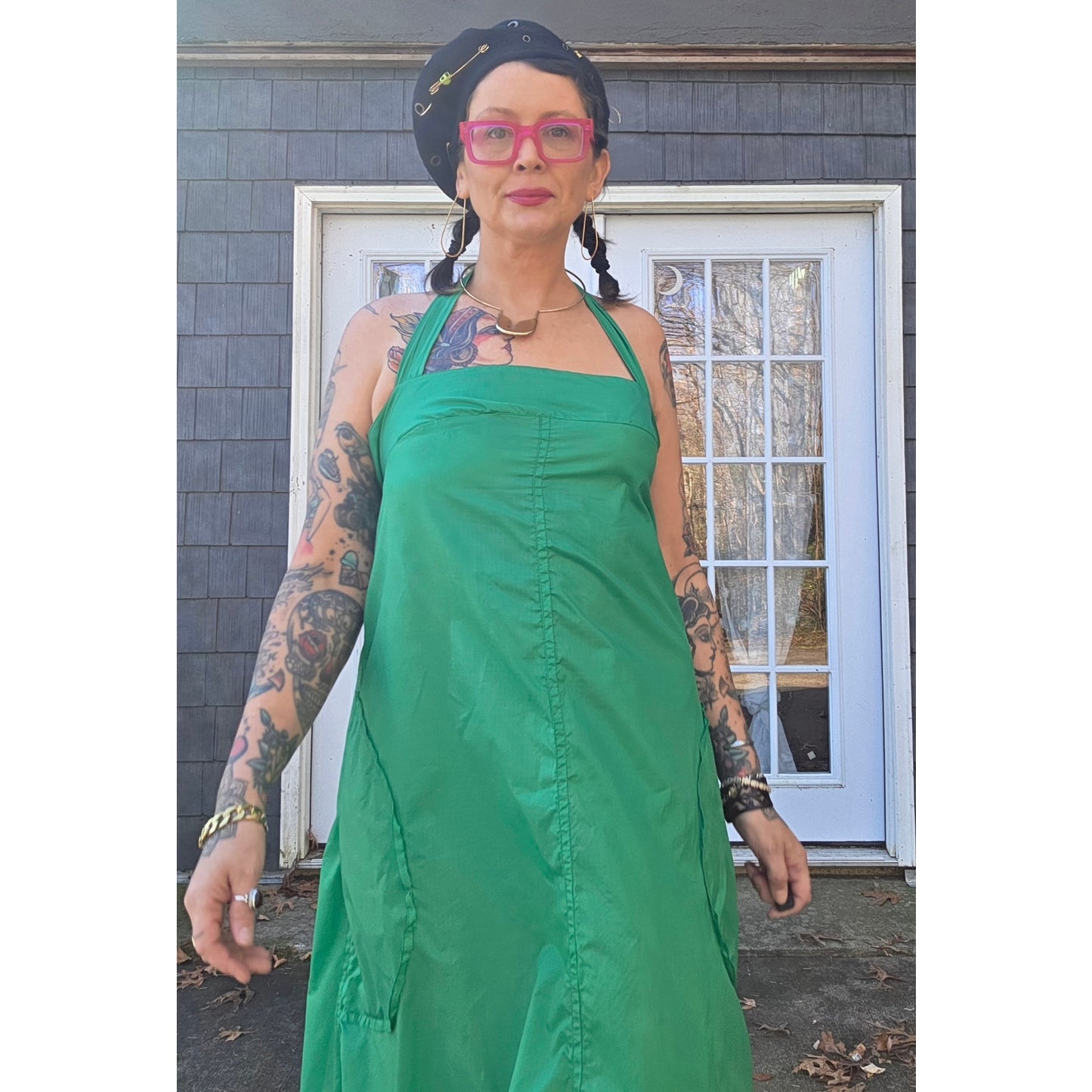 Douf. Green nylon Raver halter dress adjustable pockets bungee handmade 1 of 1