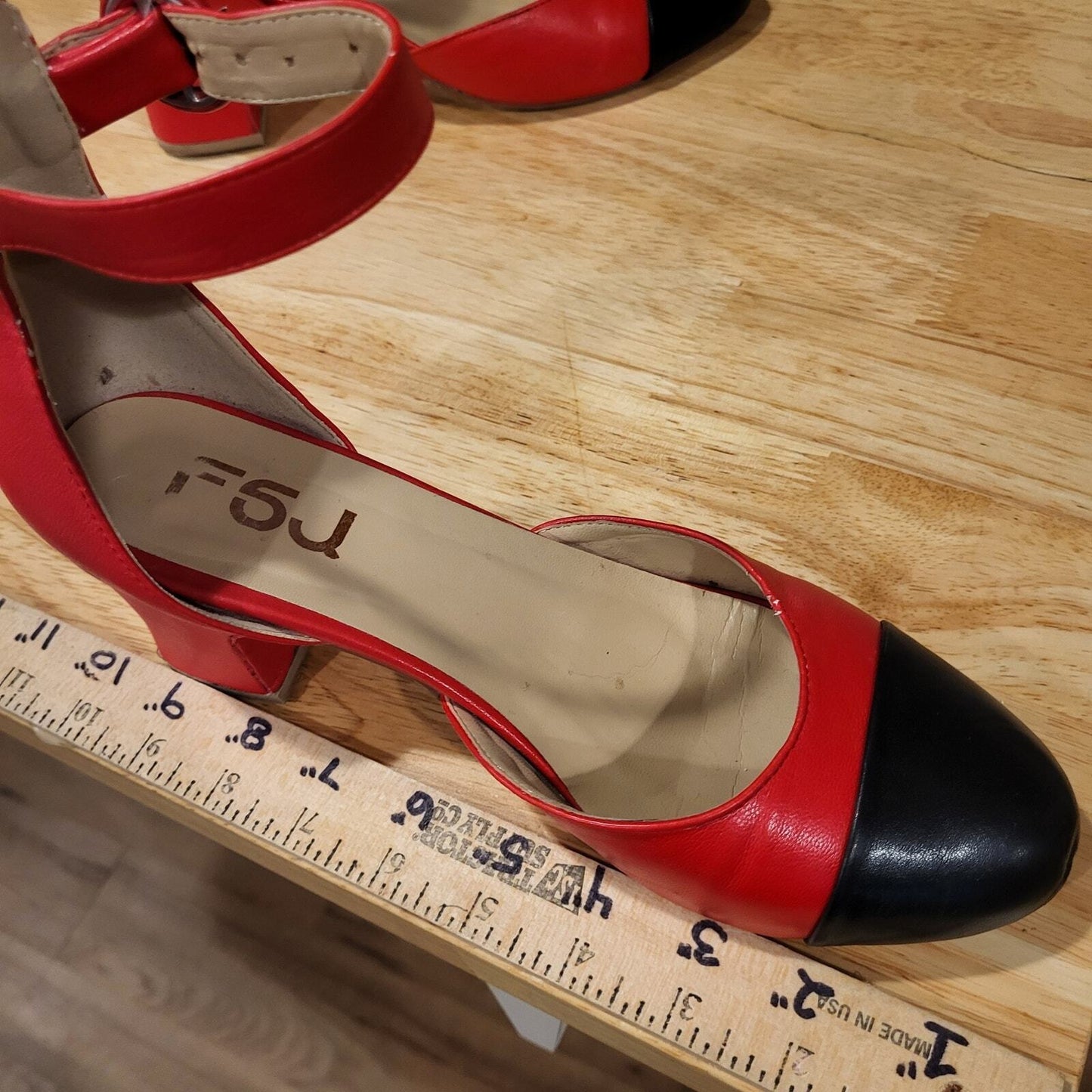 FSJ Red & Black Sling Back 1.5" Block Heel Strappy Round Toe Dance size 9 10"