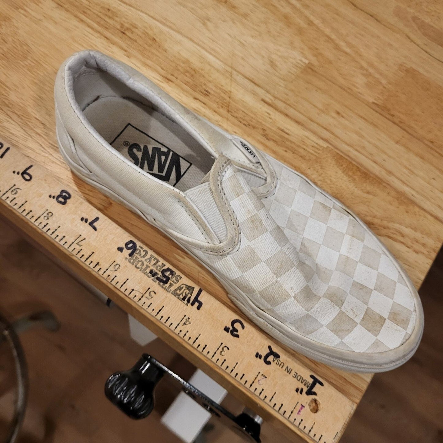 Us Women's Size 6 Vans Checkerboard Slides Beige White 9"