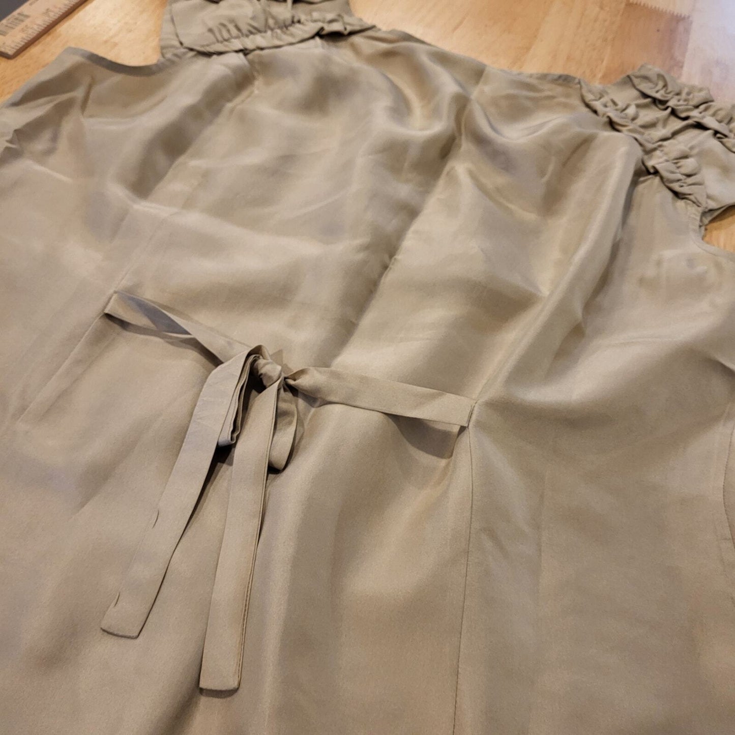 Beige Soft Surroundings 100% Silk Sleeveless Blouse shoulder ruffle button front