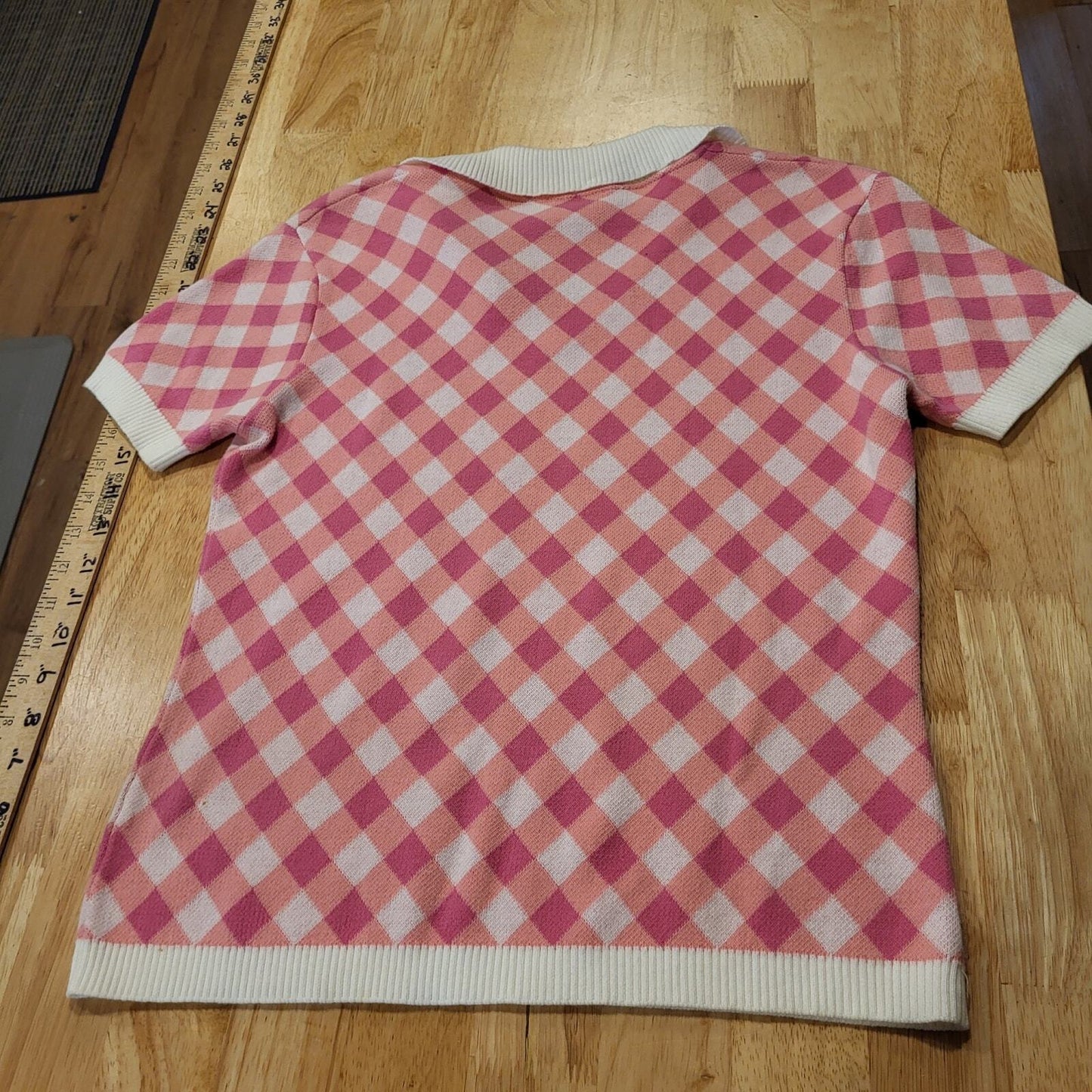 Lilly Pulitzer Gingham Knit Short Sleeve Contrast Collared V-Neck Sweater S