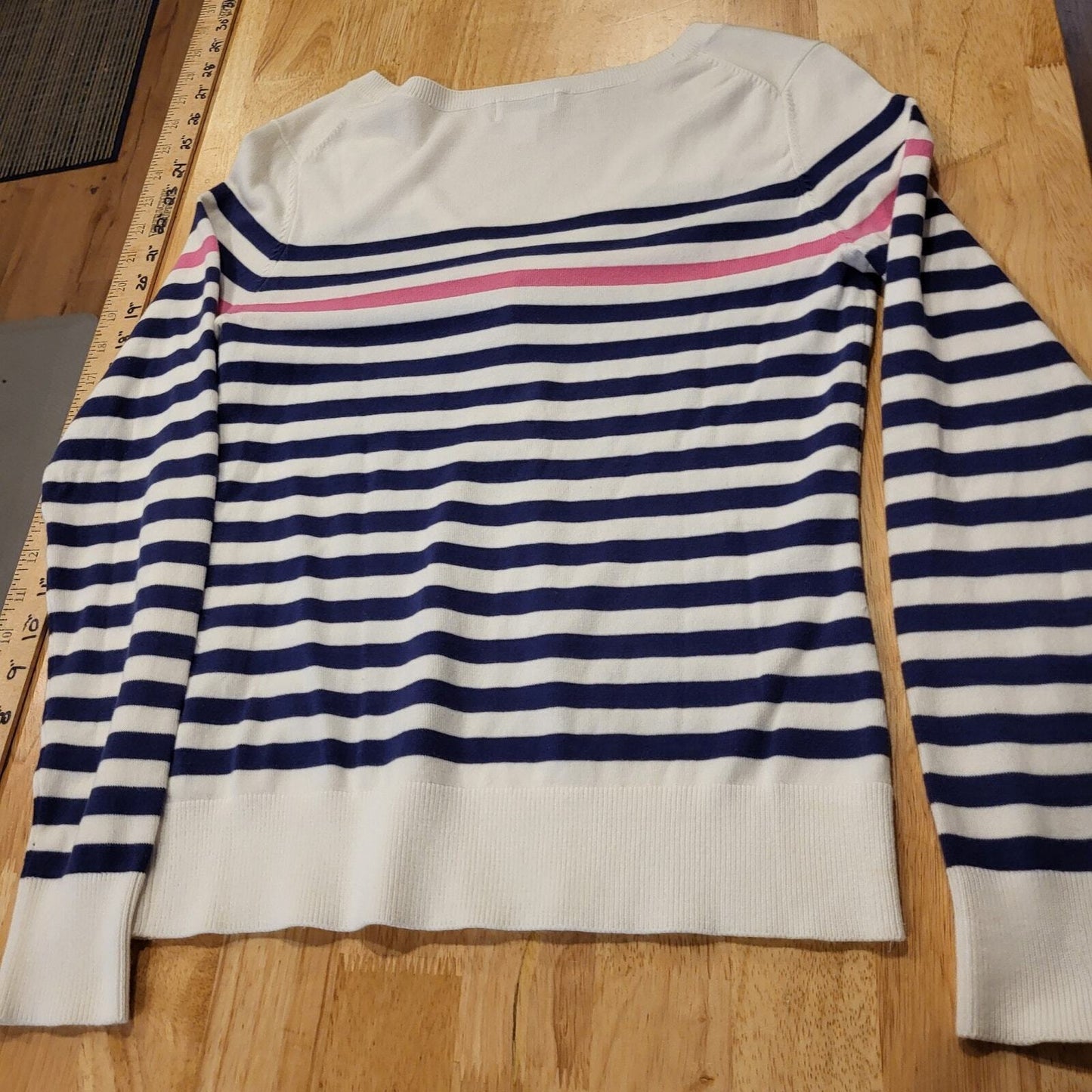 Lilly Pulitzer Blue Pink & White V Neck Long Sleeve Striped Sweater Bow XS