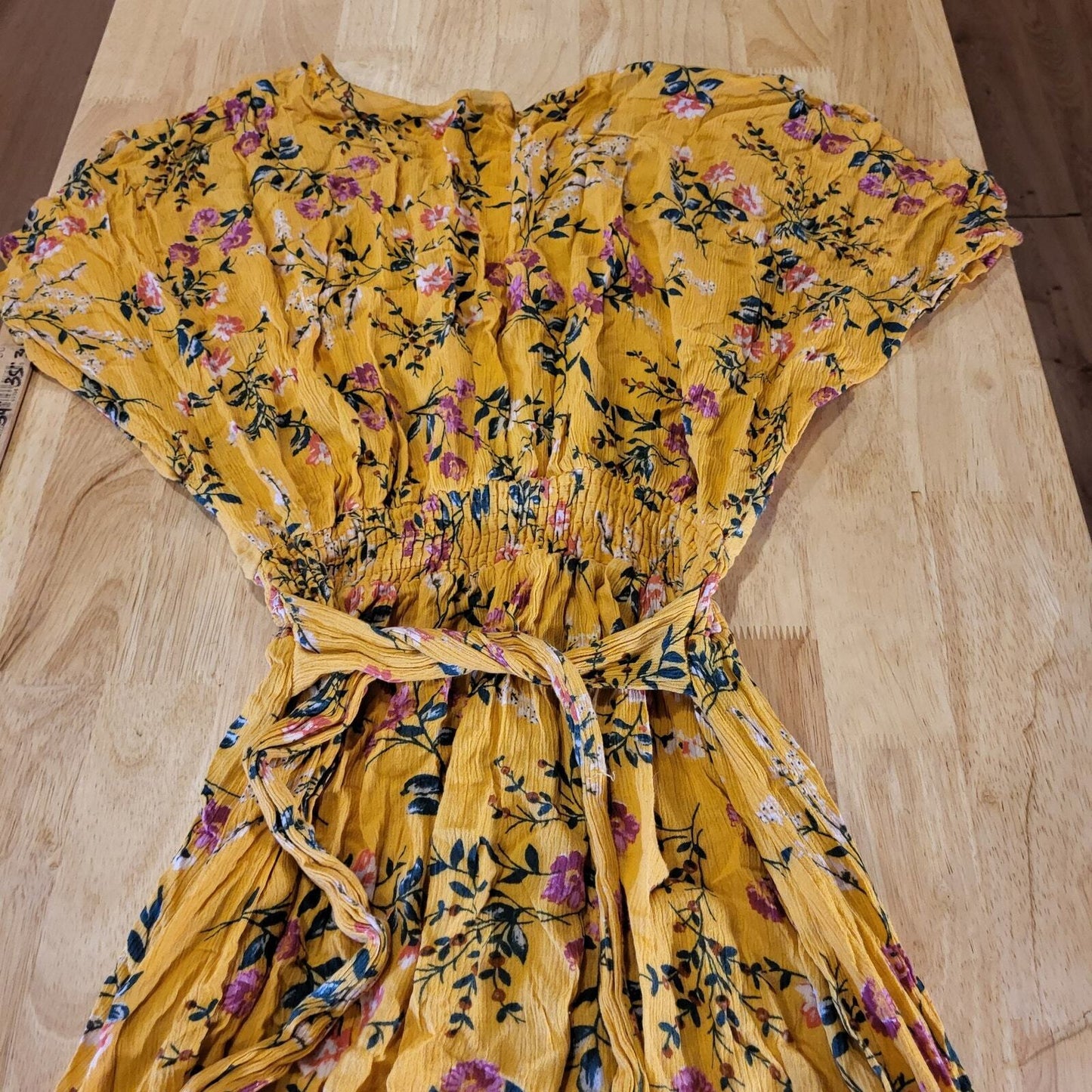 Yellow Floral V Neck Flow Flutter Sleeve 12"-22" Waist Tie Maxi Dress