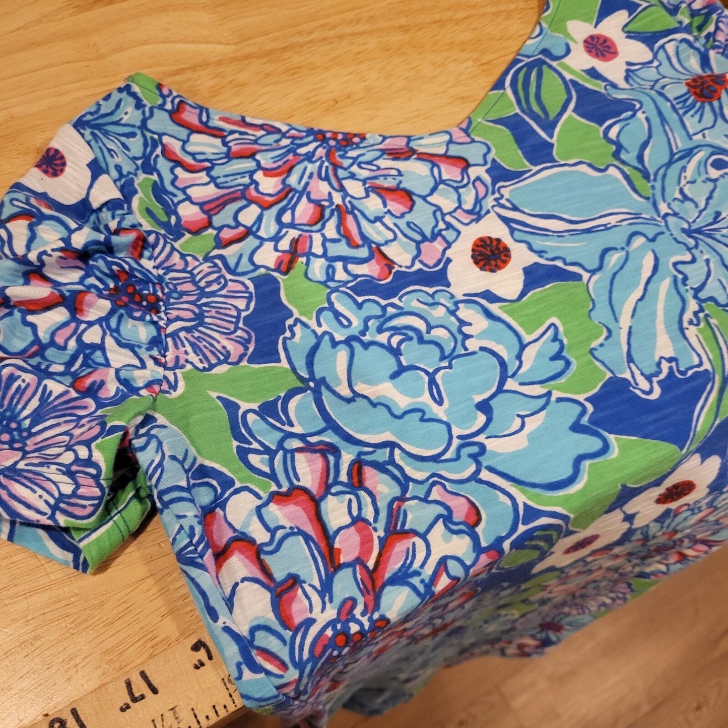 Lilly Pulitzer Blue & Green Short Sleeve V-Neck Gathered Sleeve T-shirt S