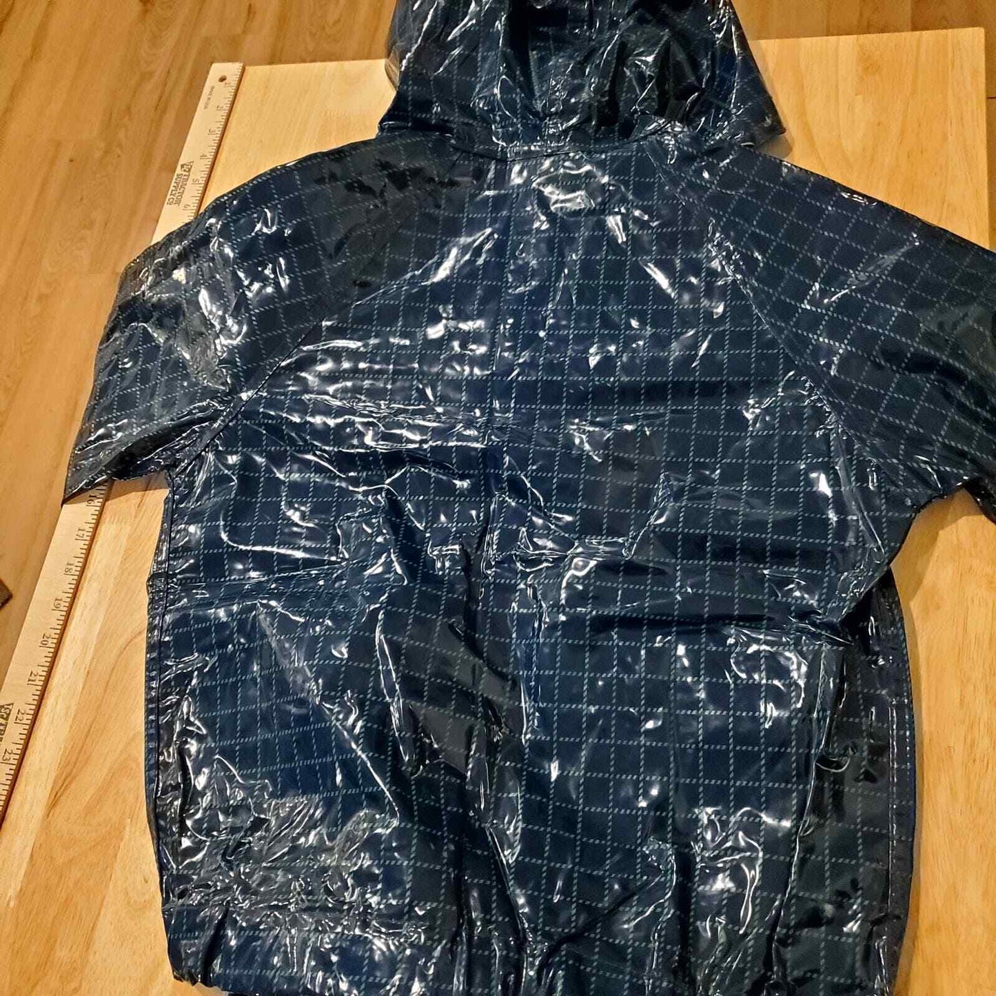 Banner House Asheville Blue Green Plaid Rubber Rain Coat Vintage