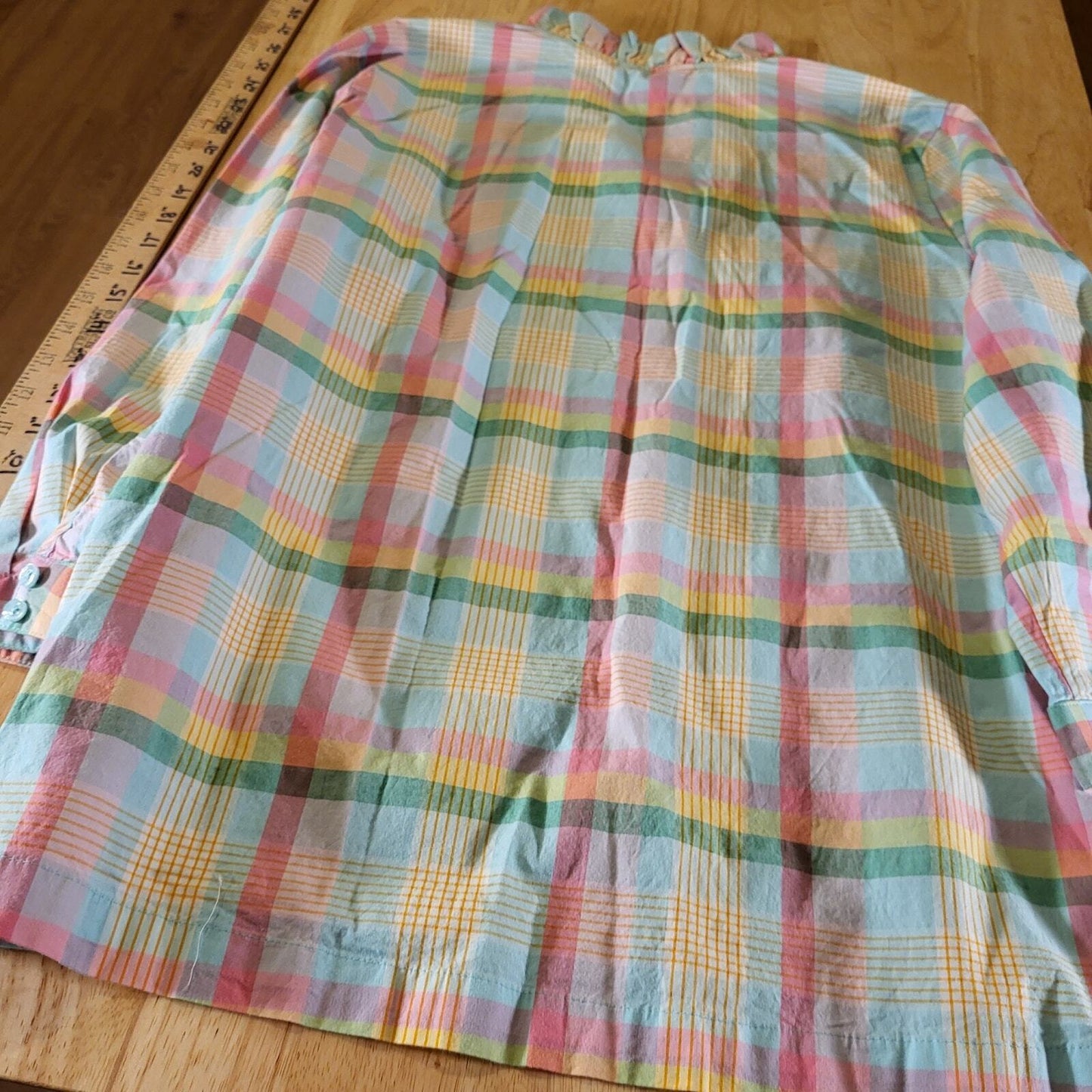 Crown & Ivy Pastel Plaid Ruffle Collar 3/4 Sleeve 25" Long 23" P2P