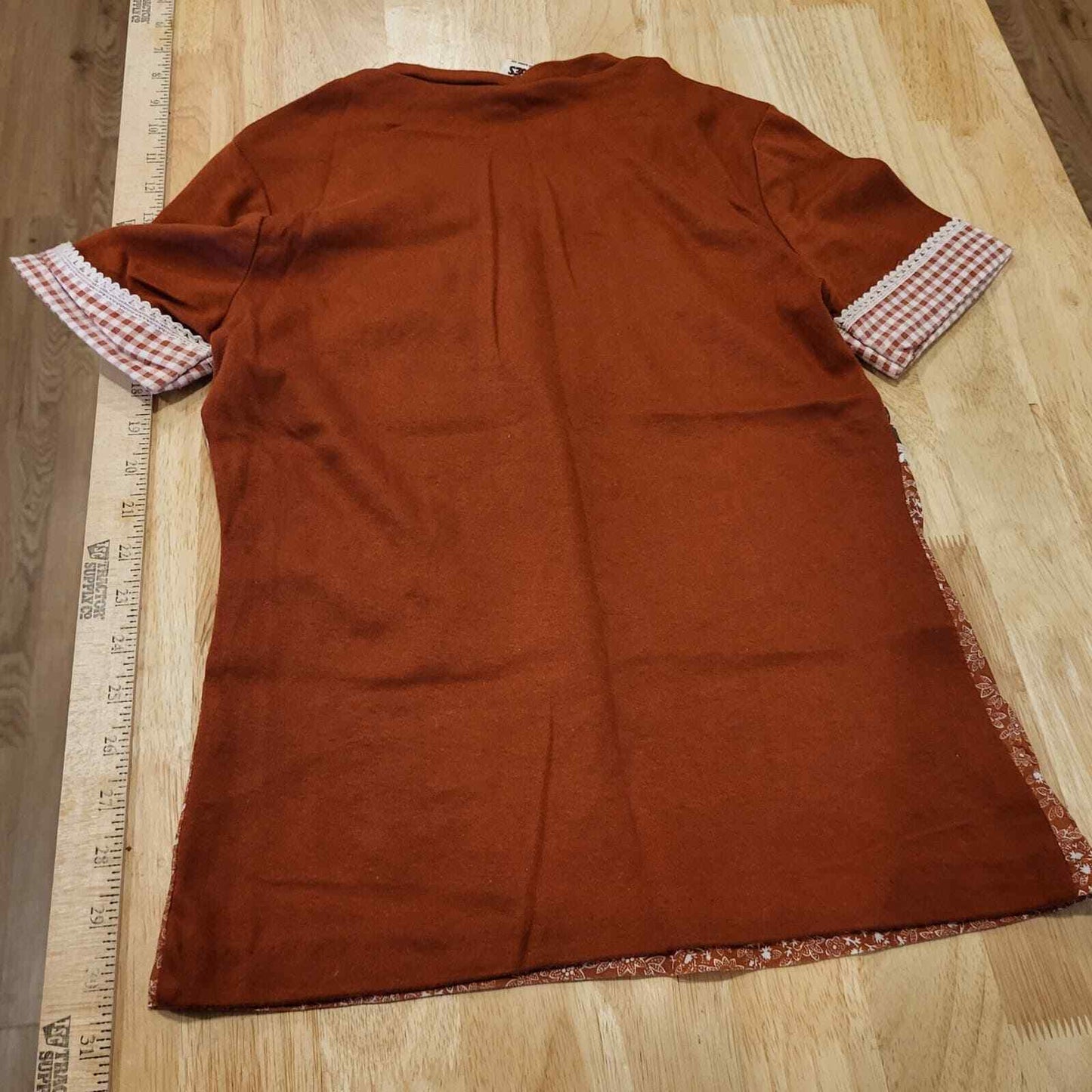 Vintage Jersey patchwork Brown top short sleeve lace trim gingham