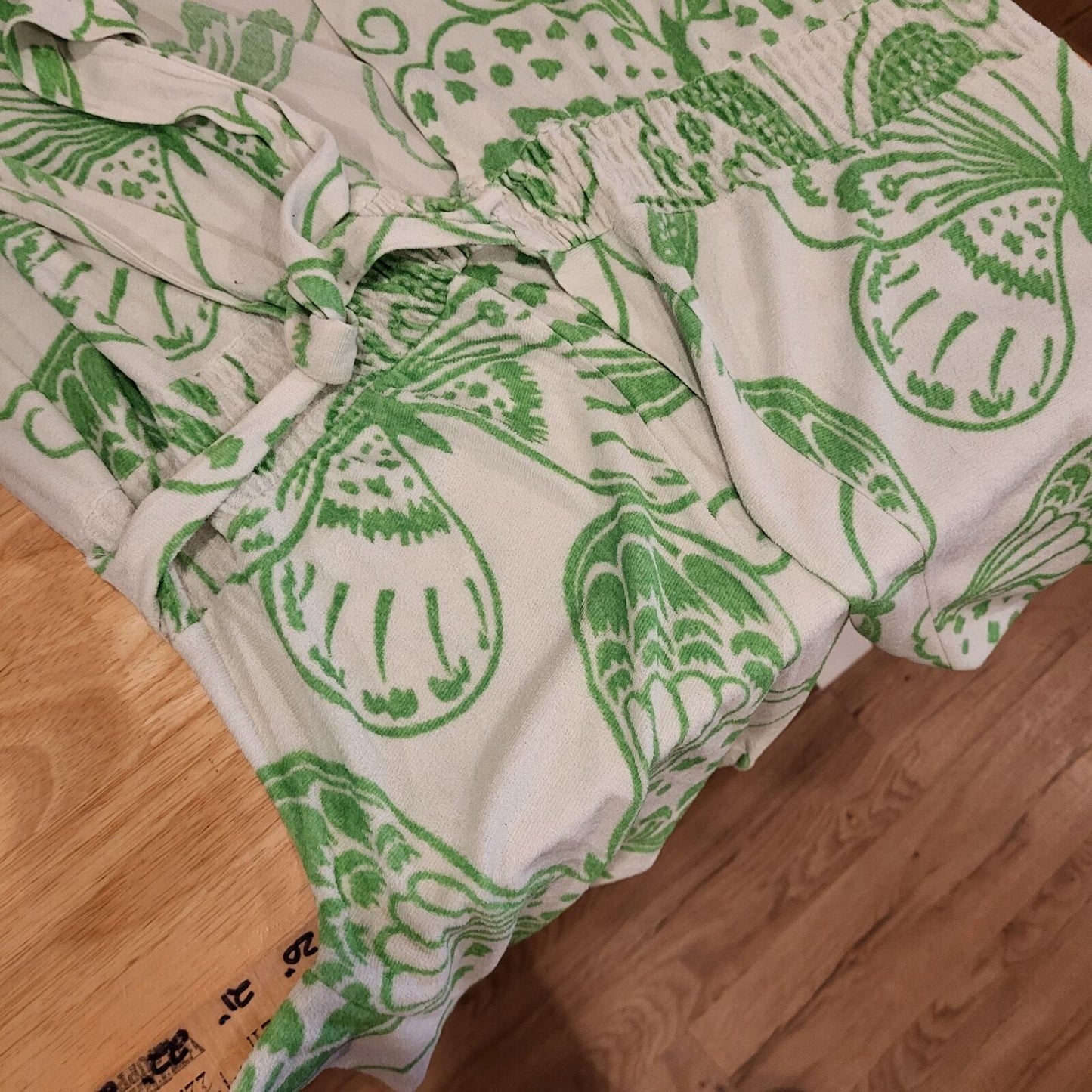 Green Butterfly Terry Dress cover up Summer Swim Short Sleeve Long tie pocket