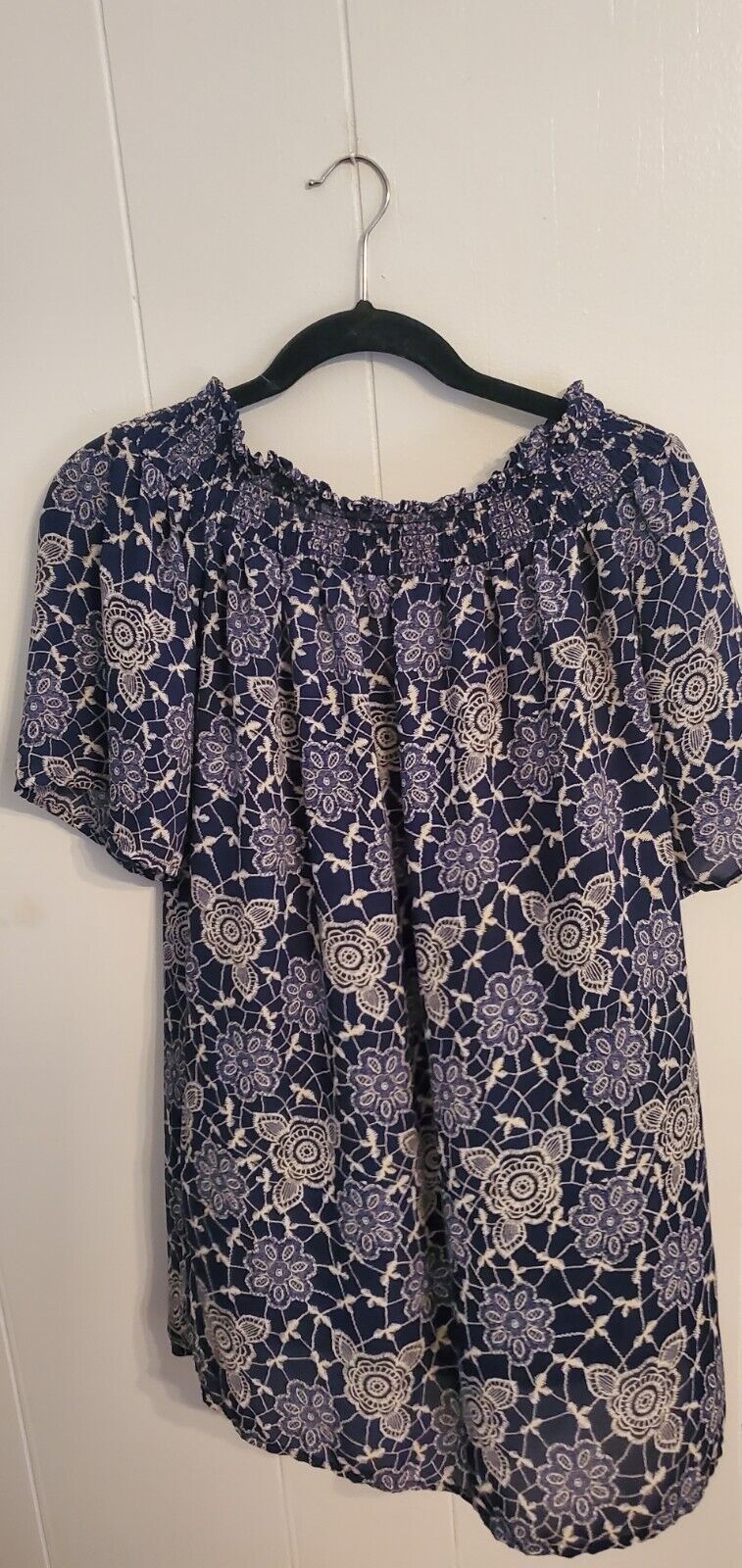 Blue Floral Mini Dress Bardot Cold Shoulder Elastic Keyhole Back Medium