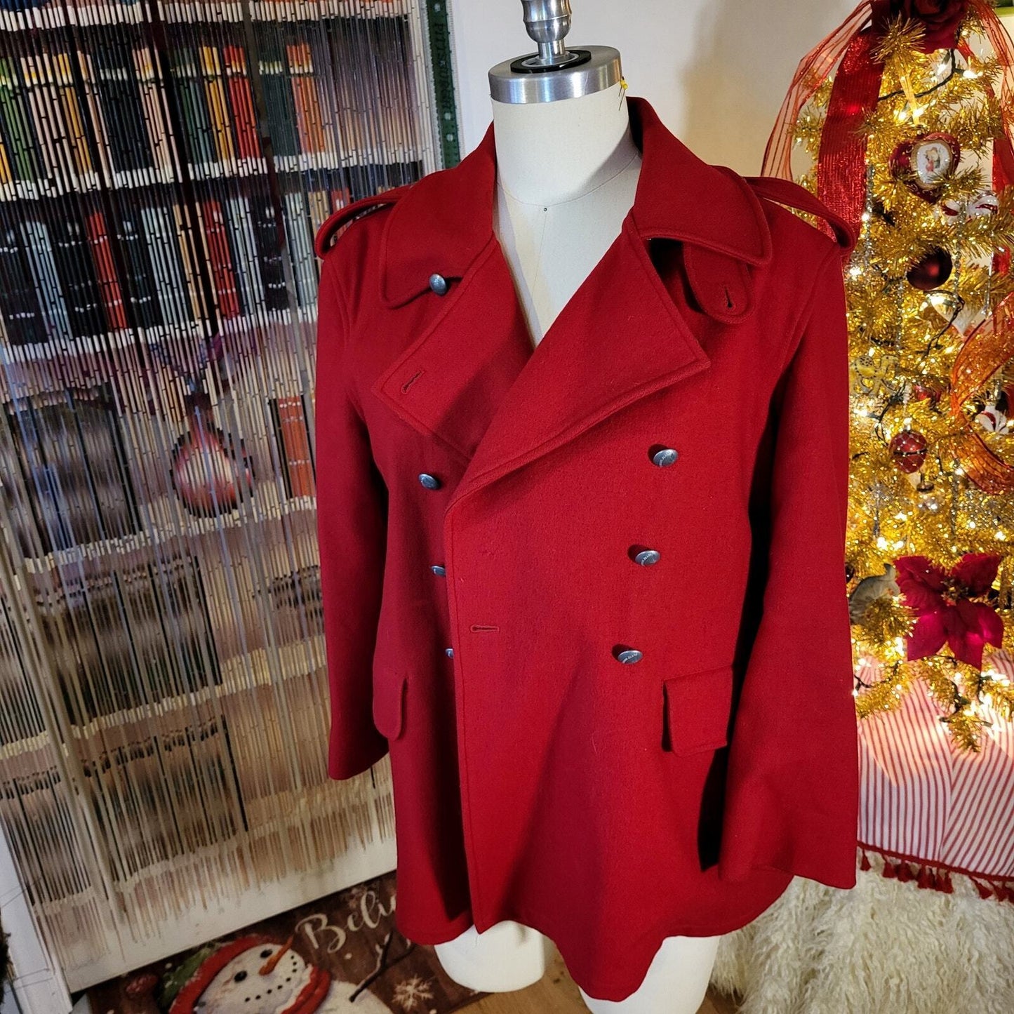 Armani Jeans Vintage Wool Viscose Blend Pea Coat Contrast Lining High Neck