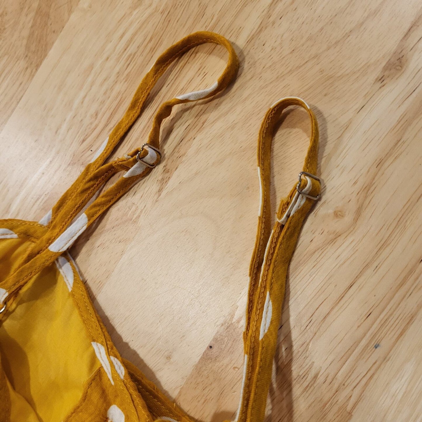 Rebellion Mustard Yellow Polka Dot Strappy Dress Small Button 16" p2p 14" Waist