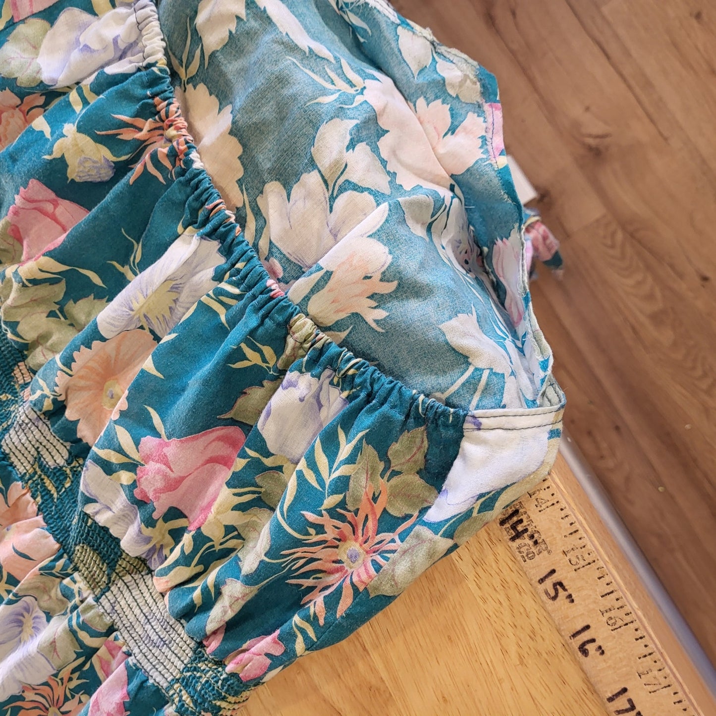 Vintage turquoise Floral halter dress elastic MIDI tie cotton medium