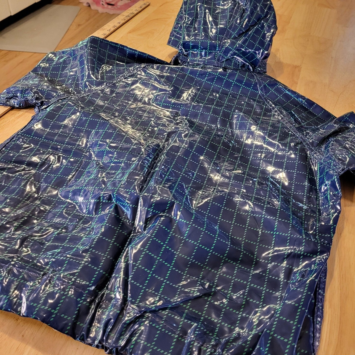 Banner House Asheville Kids Rubber Rain Coat Blue Check Duck Embroidery 20" P2P