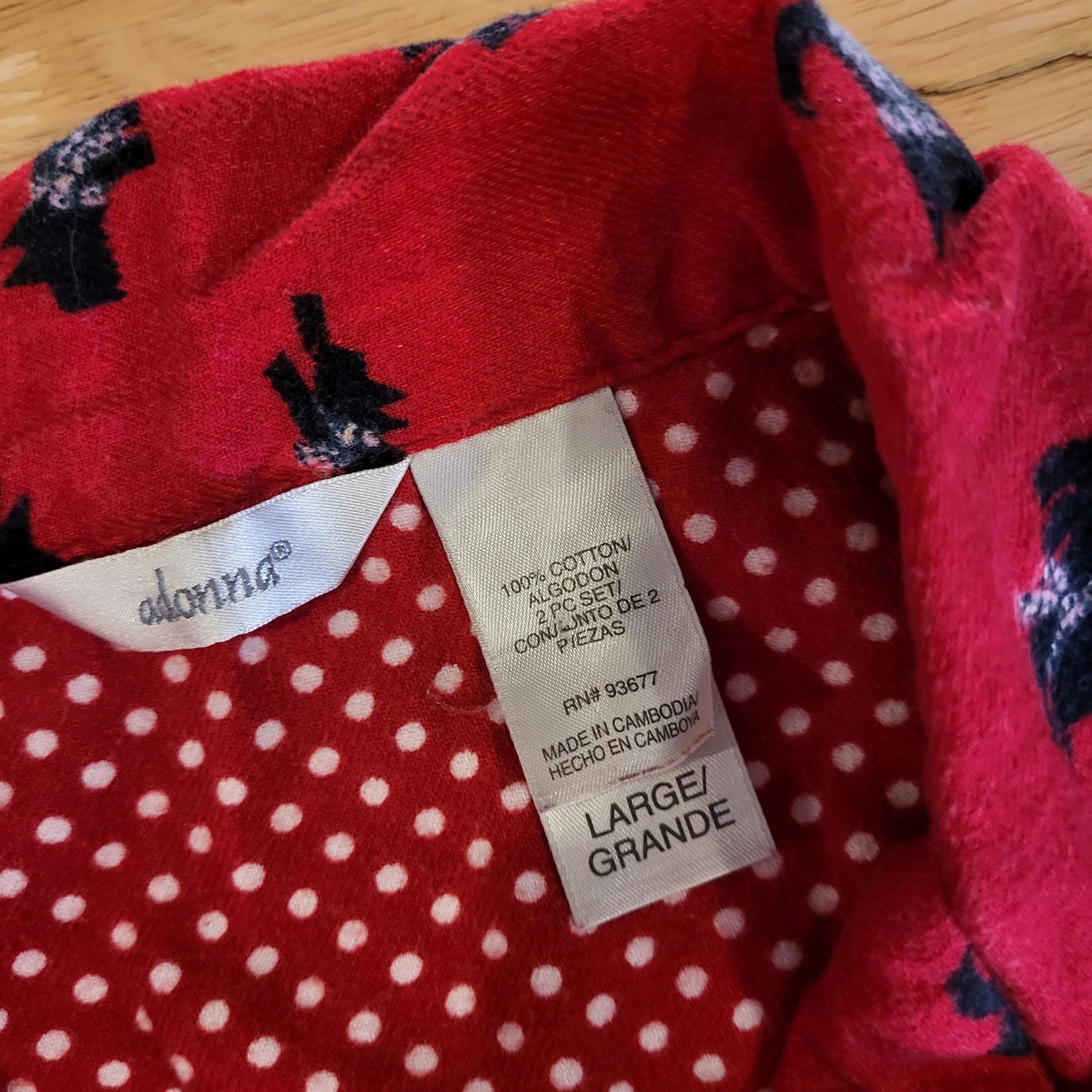 Adonna Red Flannel 100% Cotton Pajama Set Yorkie Dogs Bows Large