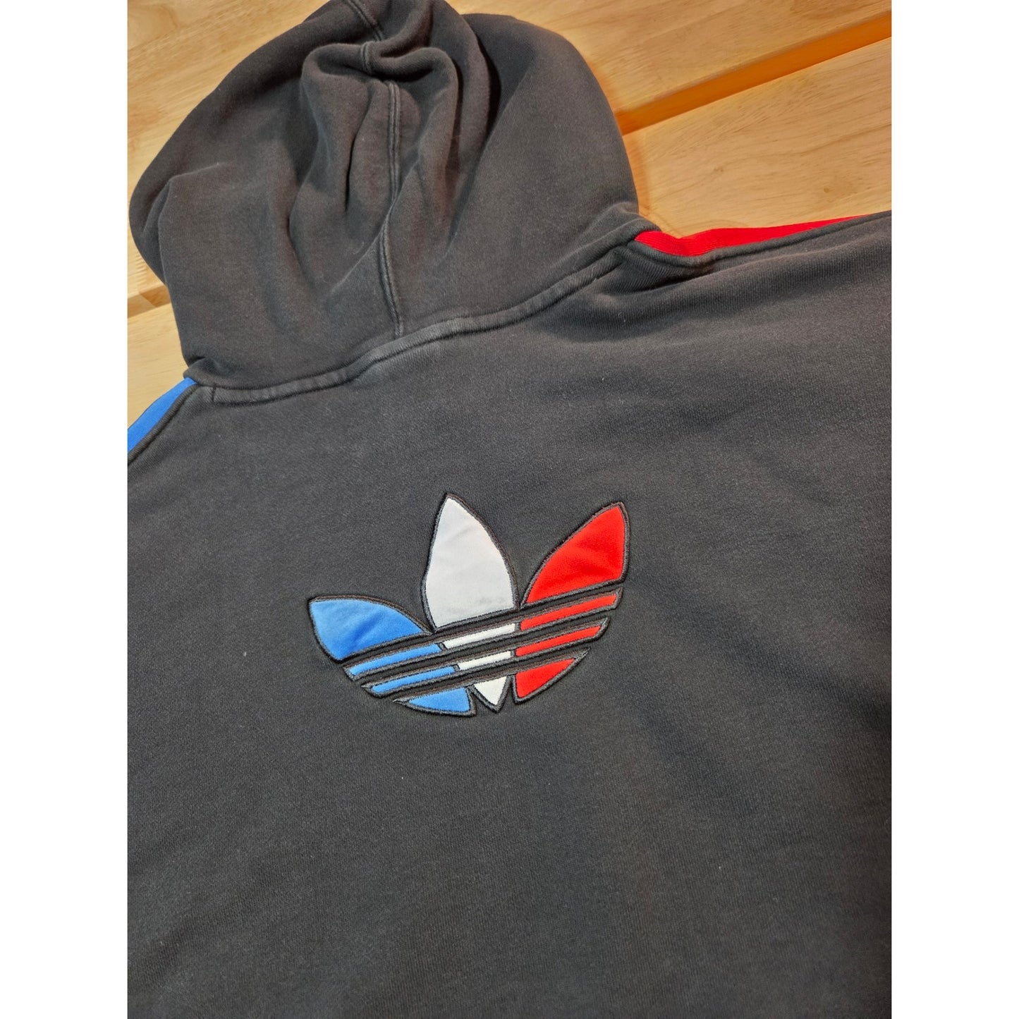 Adidas Originals navy blue cropped hoodie red white and blue logo embroidery L