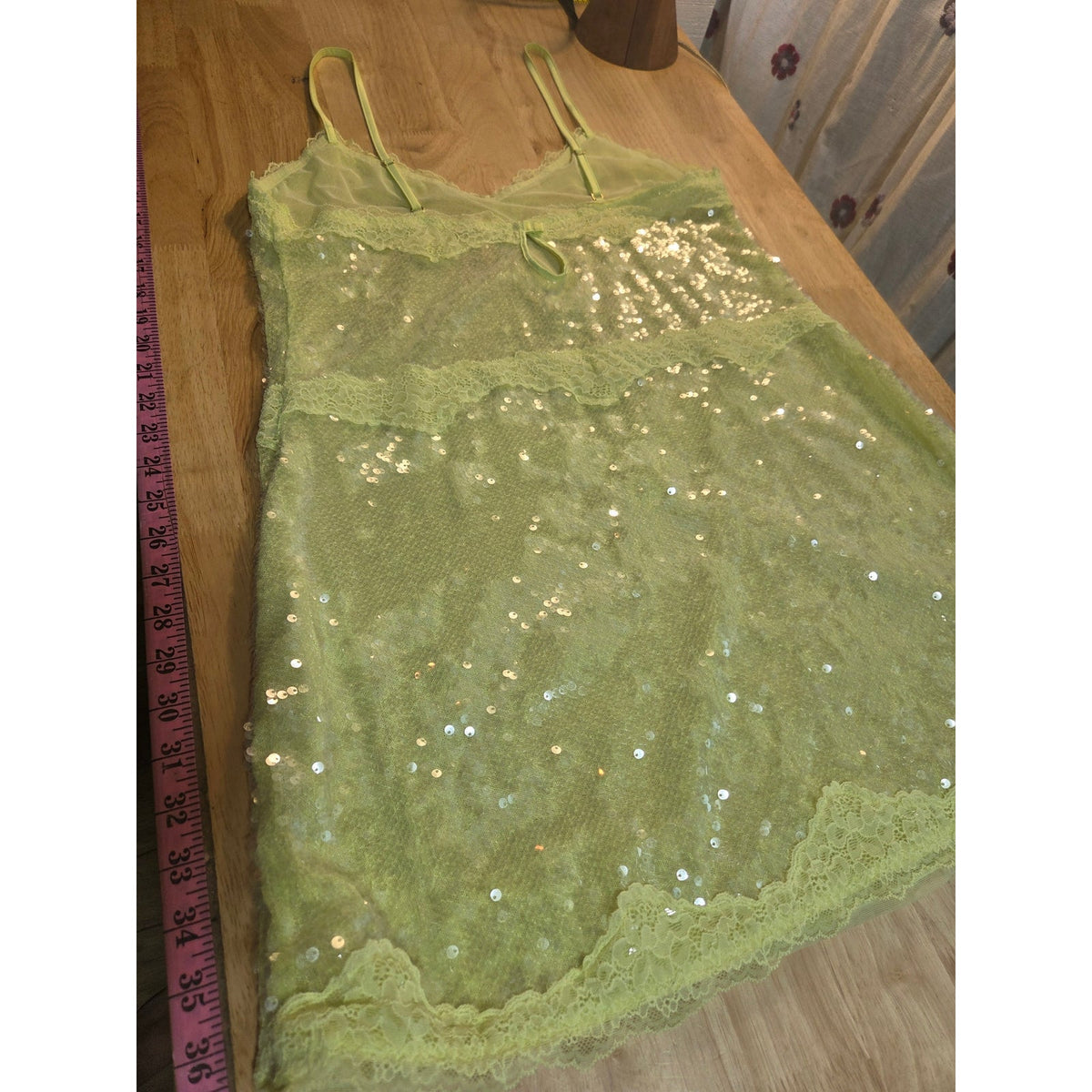 Viral Victoria's Secret lime green spaghetti strap sequin slip dress lace xl