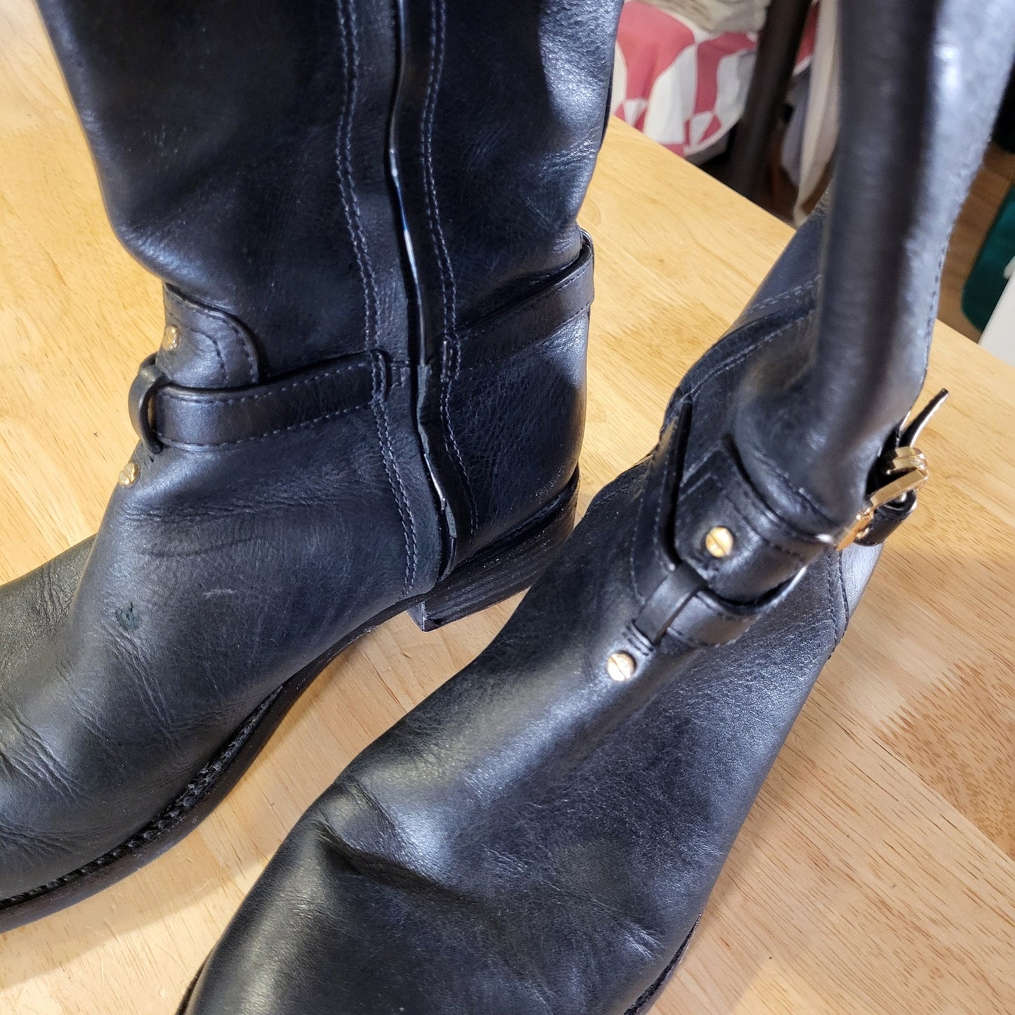 Tory Burch Black Leather Riding Boots Gold Hardware Embossed Stitched 8M