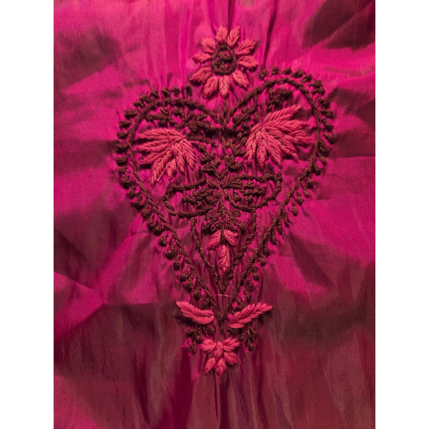 Satin hand Embroidered Iridescent Pink Heart Floral Motif Large Long Sleeve