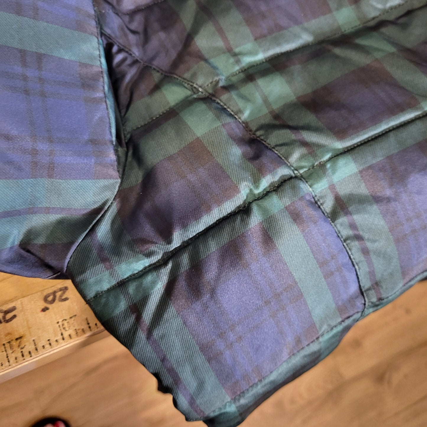 Charter Club Blue Green Plaid Puffer Coat Gold Closures (See slight damage)