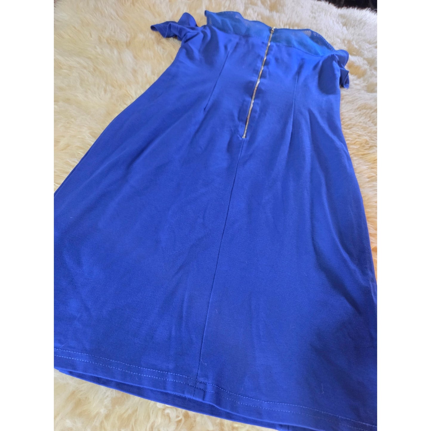 Cartise blue rayon blend jersey knit dress mesh cut out shoulder zipper gold 8