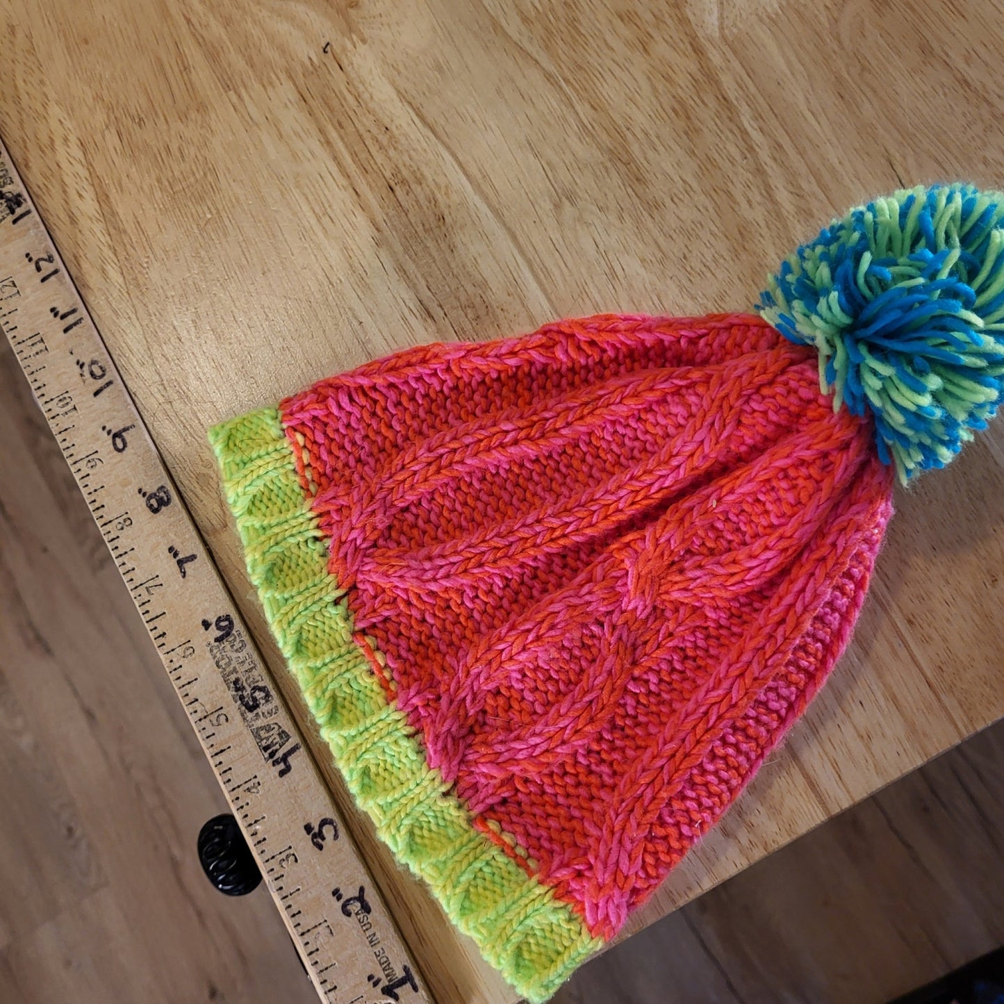 Claire's Neon Pink Green Winter Knit Hat Pom pom