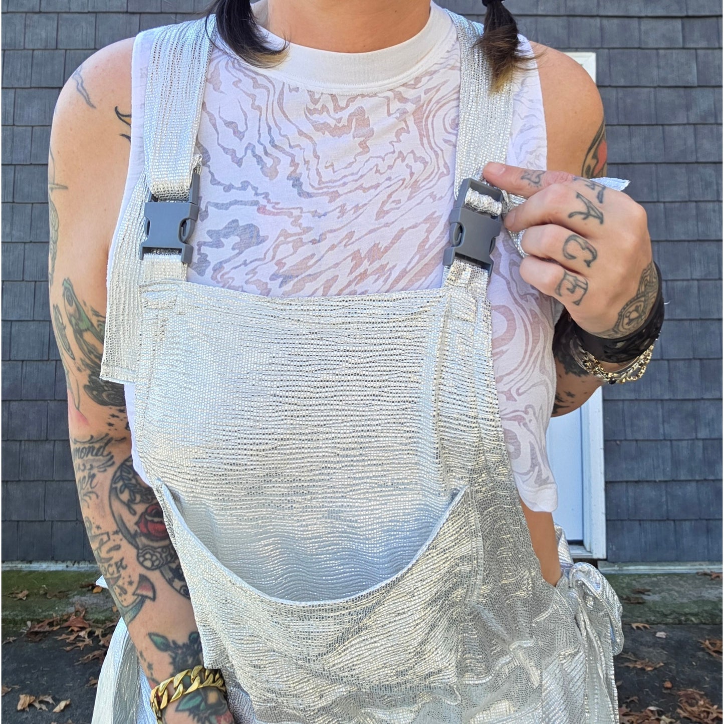 Douf. Silver stretch wide leg raver overalls adjustable One Size 1 of 1 Handmade