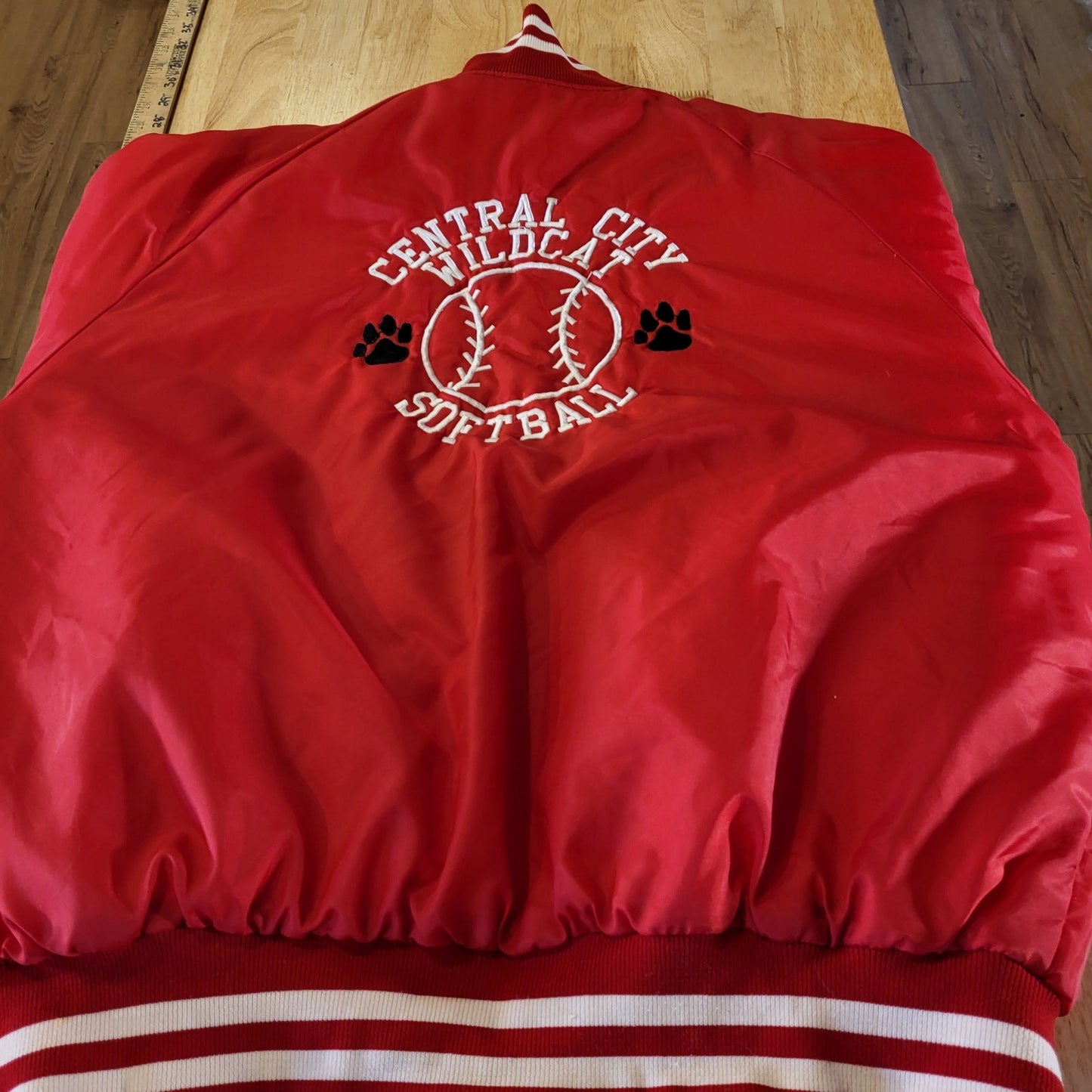 Vintage red Central City Wildcats softball coach jacket white detail 28" p2p