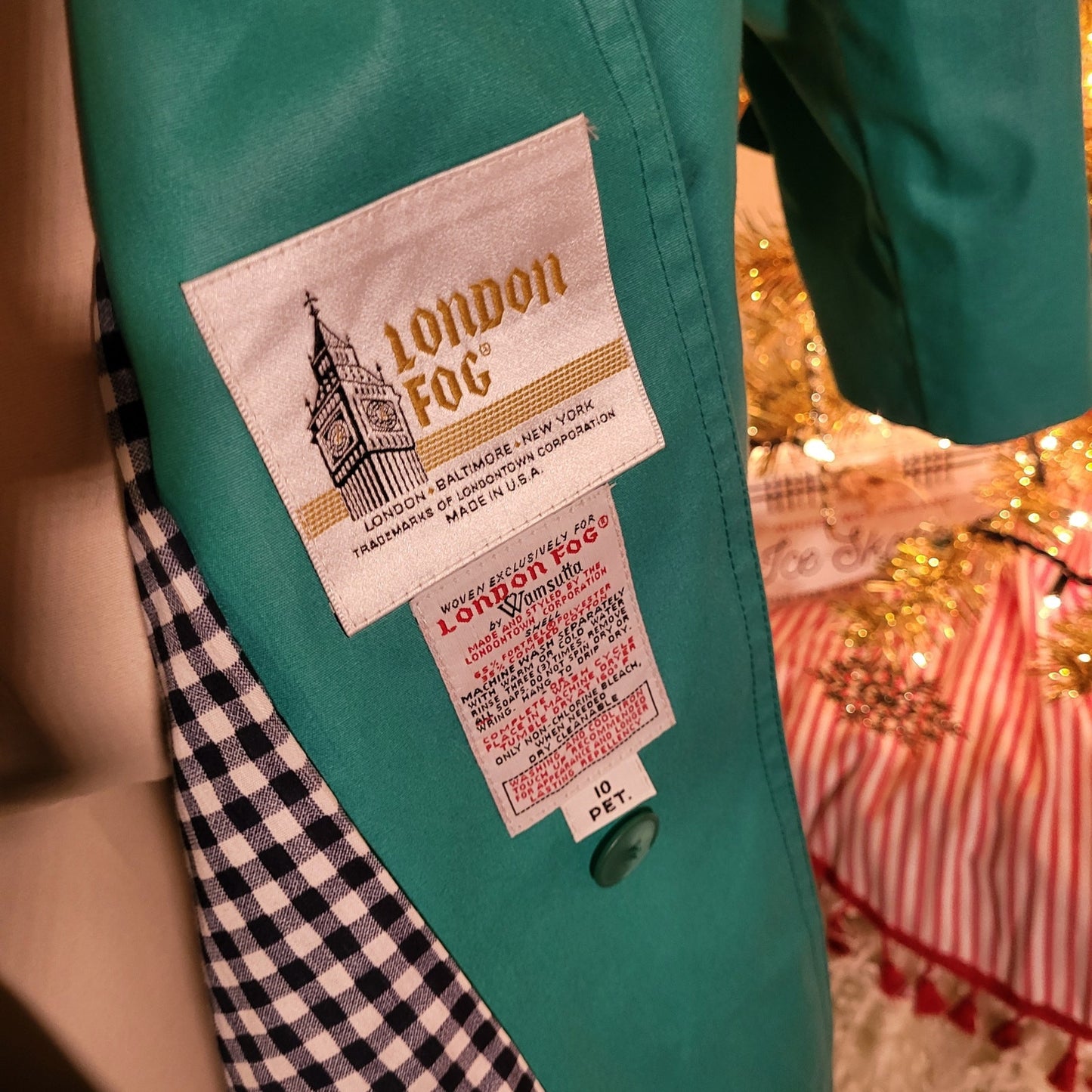 London Fog Vintage Green coat gingham lining petite 10 machine washable