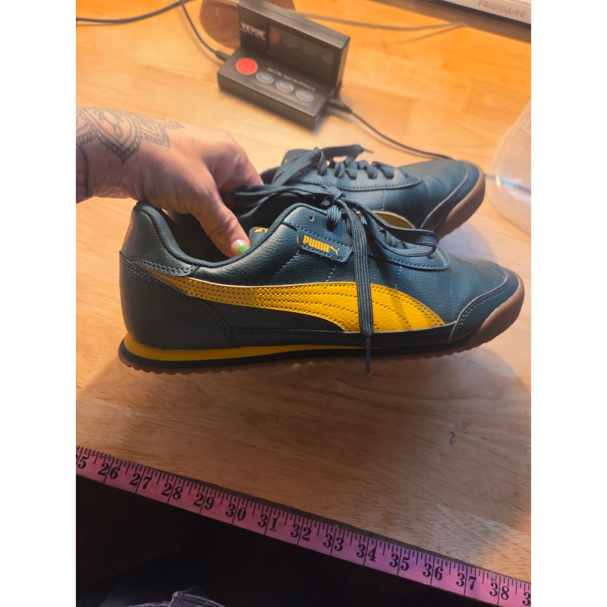 Puma gold and green yellow gum sole vegan leather sneakers size 9 and 1/2 women