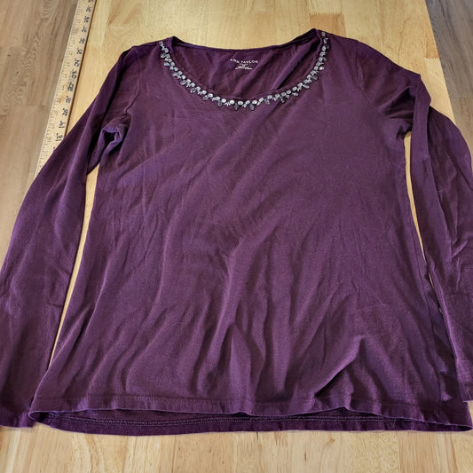 Ann Taylor Jersey Knit Eggplant Purple Embellished Rhinestone Neckline Medium