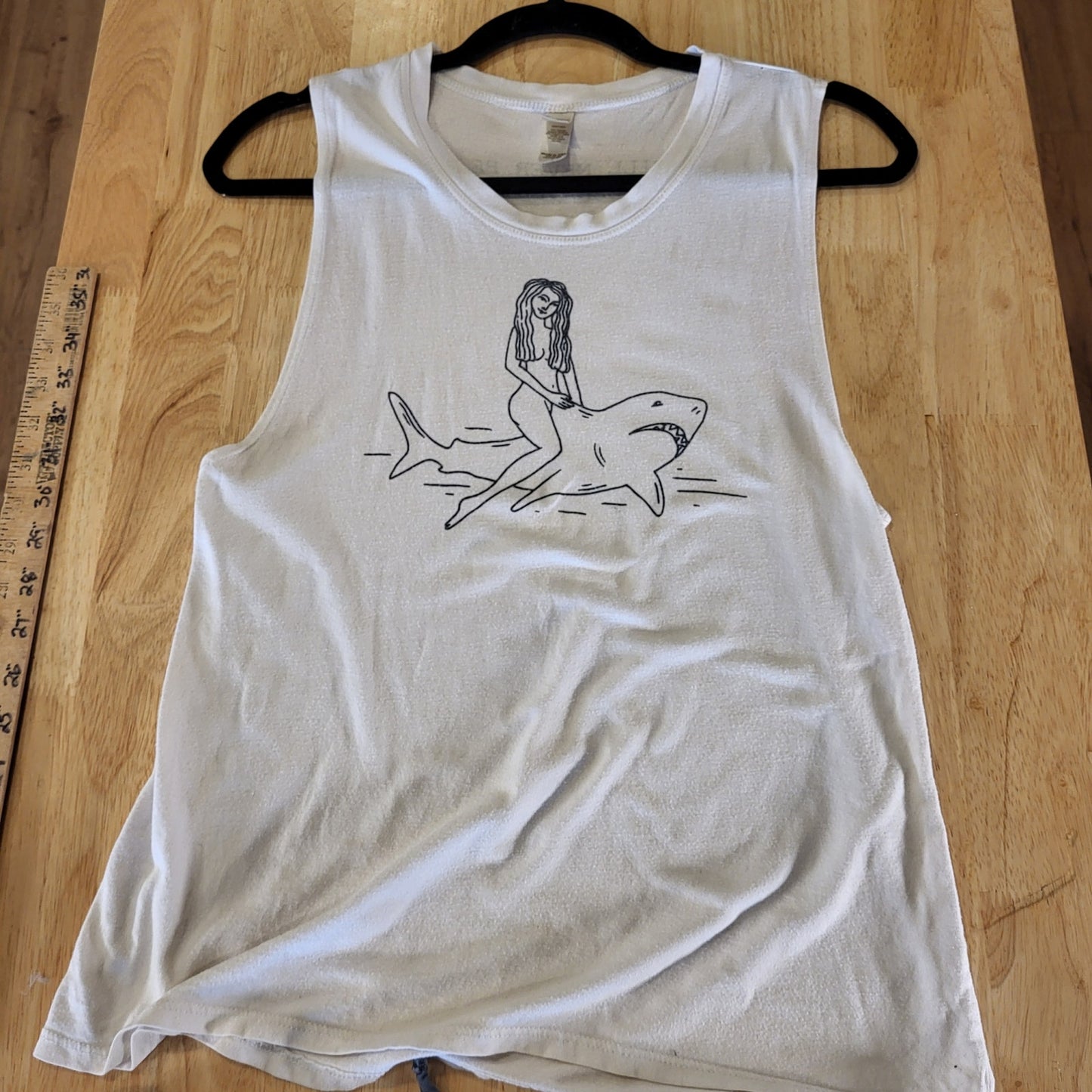 "I Will Never Be A Well Behaved Woman" Girl Riding Shark Muscle T Small