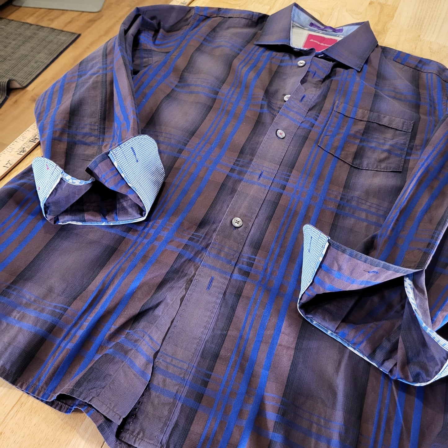 Tommy Bahama Blue Purple Plaid Men's Button Down Collared Contrast Cuff