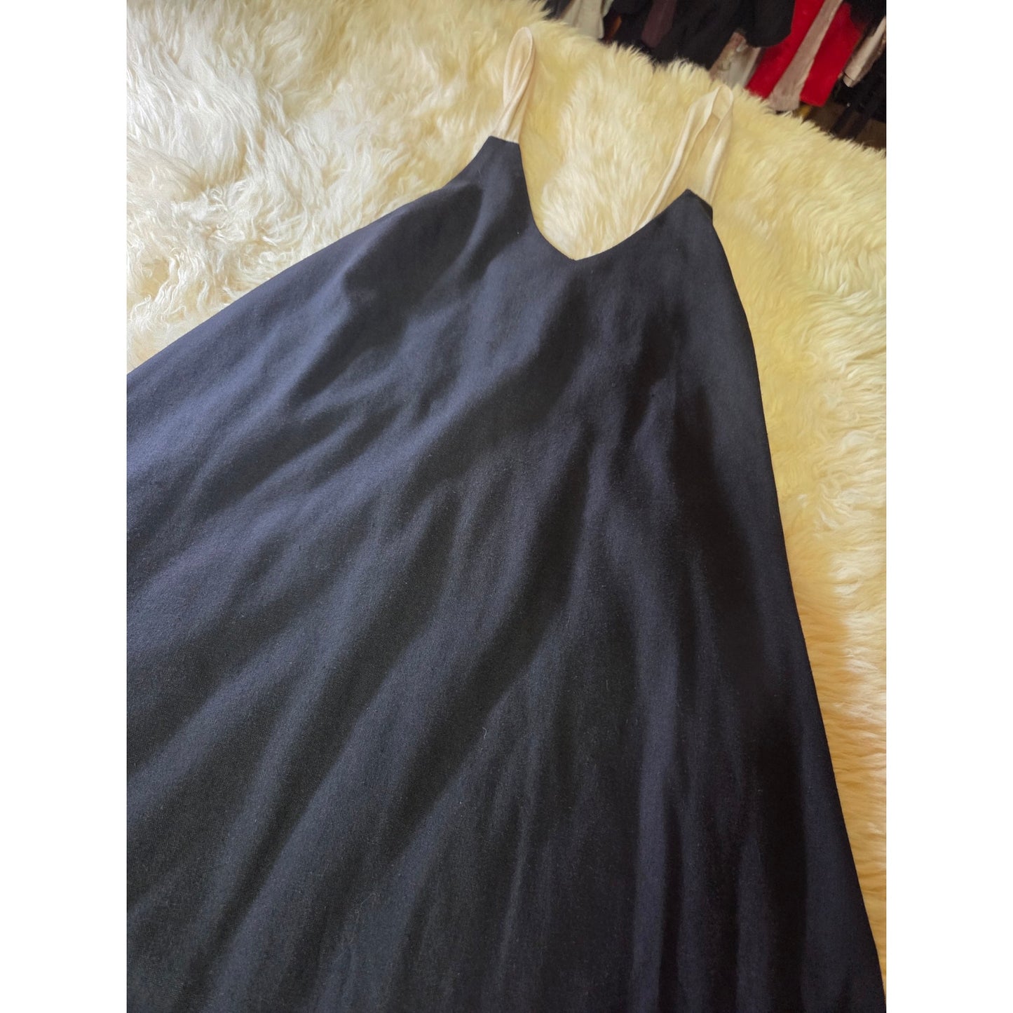 Unbranded black cotton maxi dress adjustable twill tape straps cream V neck