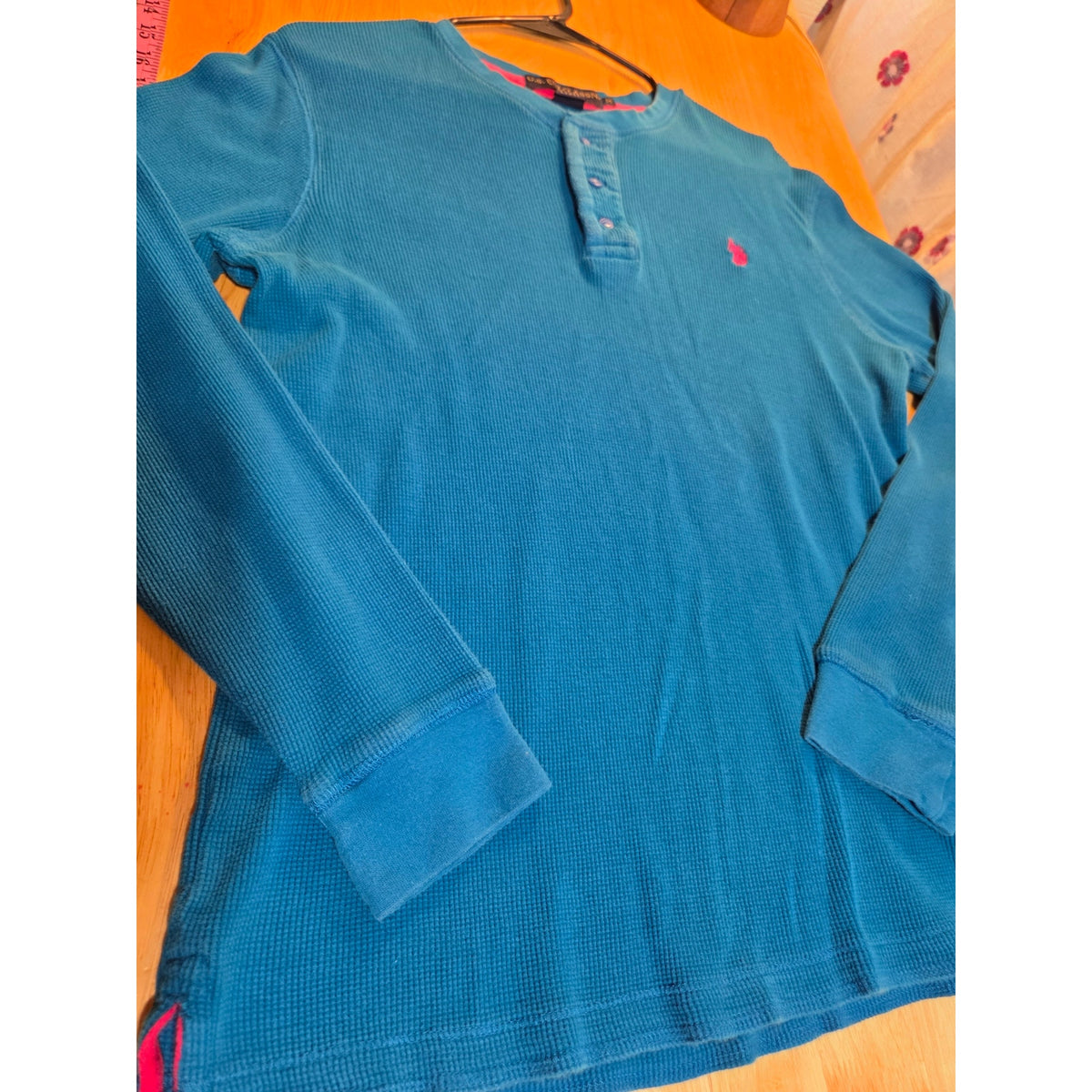 US polo Association turquoise waffle knit long sleeve shirt pink contrast medium