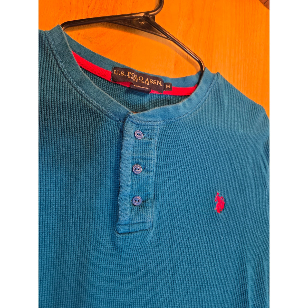 US polo Association turquoise waffle knit long sleeve shirt pink contrast medium