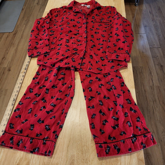 Adonna Red Flannel 100% Cotton Pajama Set Yorkie Dogs Bows Large