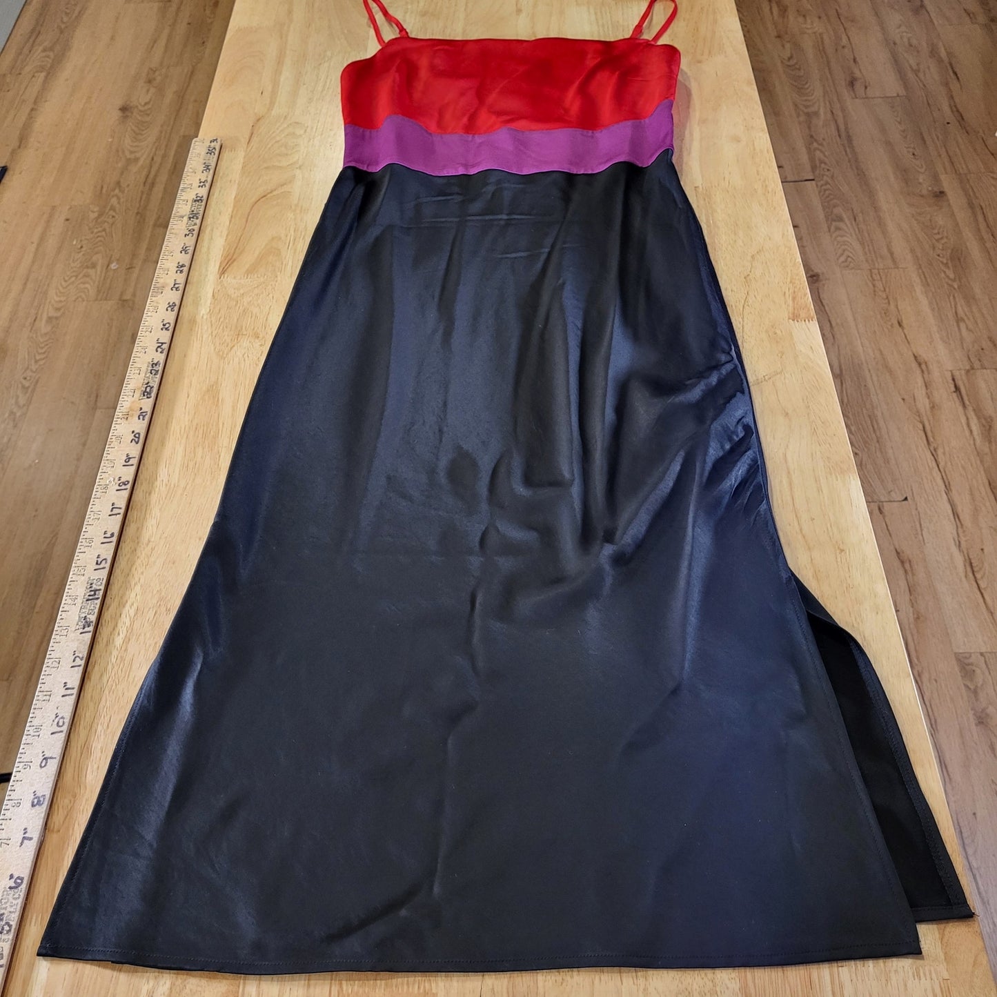 Express Color Block Satin Spaghetti Strap Red Pink & Black Midi Side Slit small