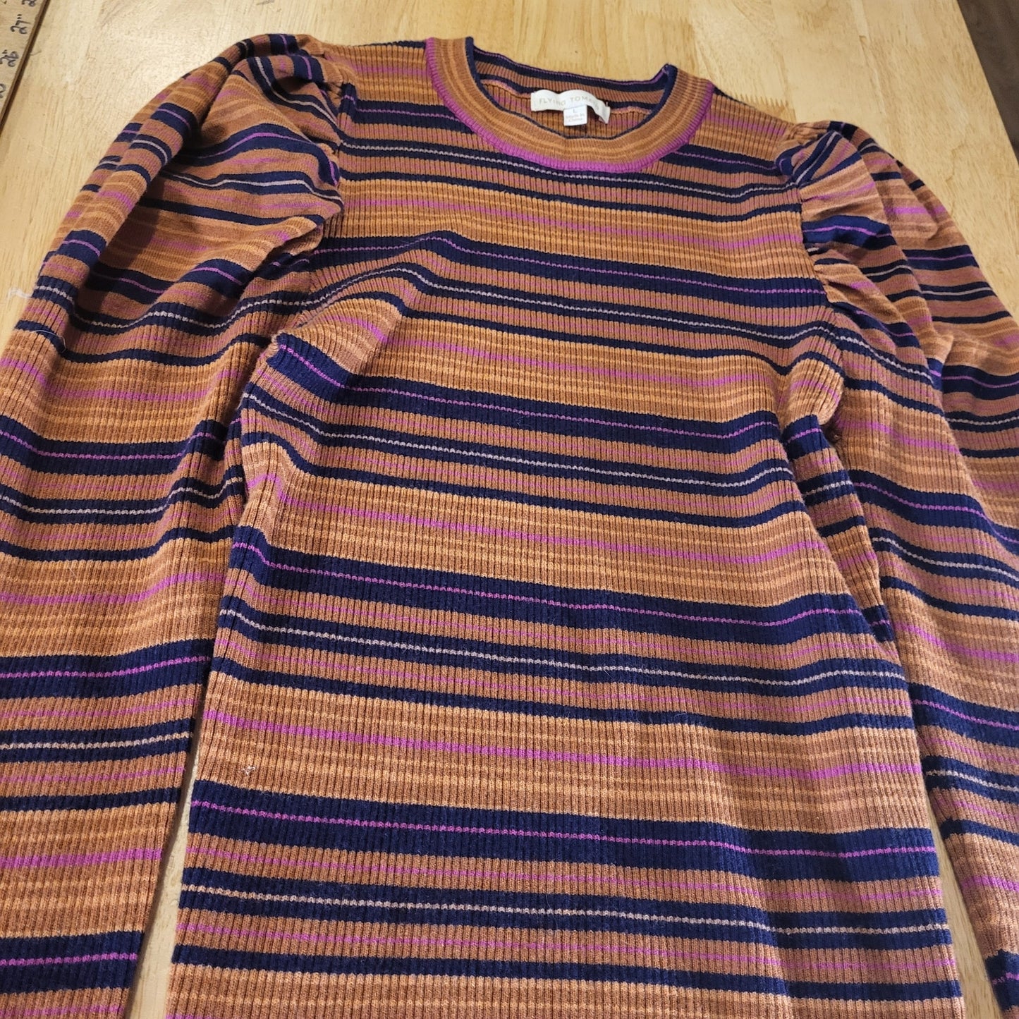 Flying Tomato Retro Orange Purple Striped Sweater Puff Long Sleeve Viscose Large