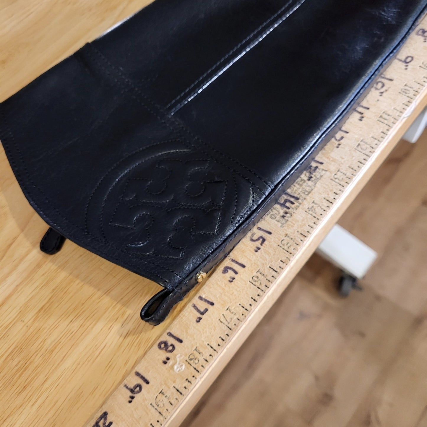 Tory Burch Black Leather Riding Boots Gold Hardware Embossed Stitched 8M