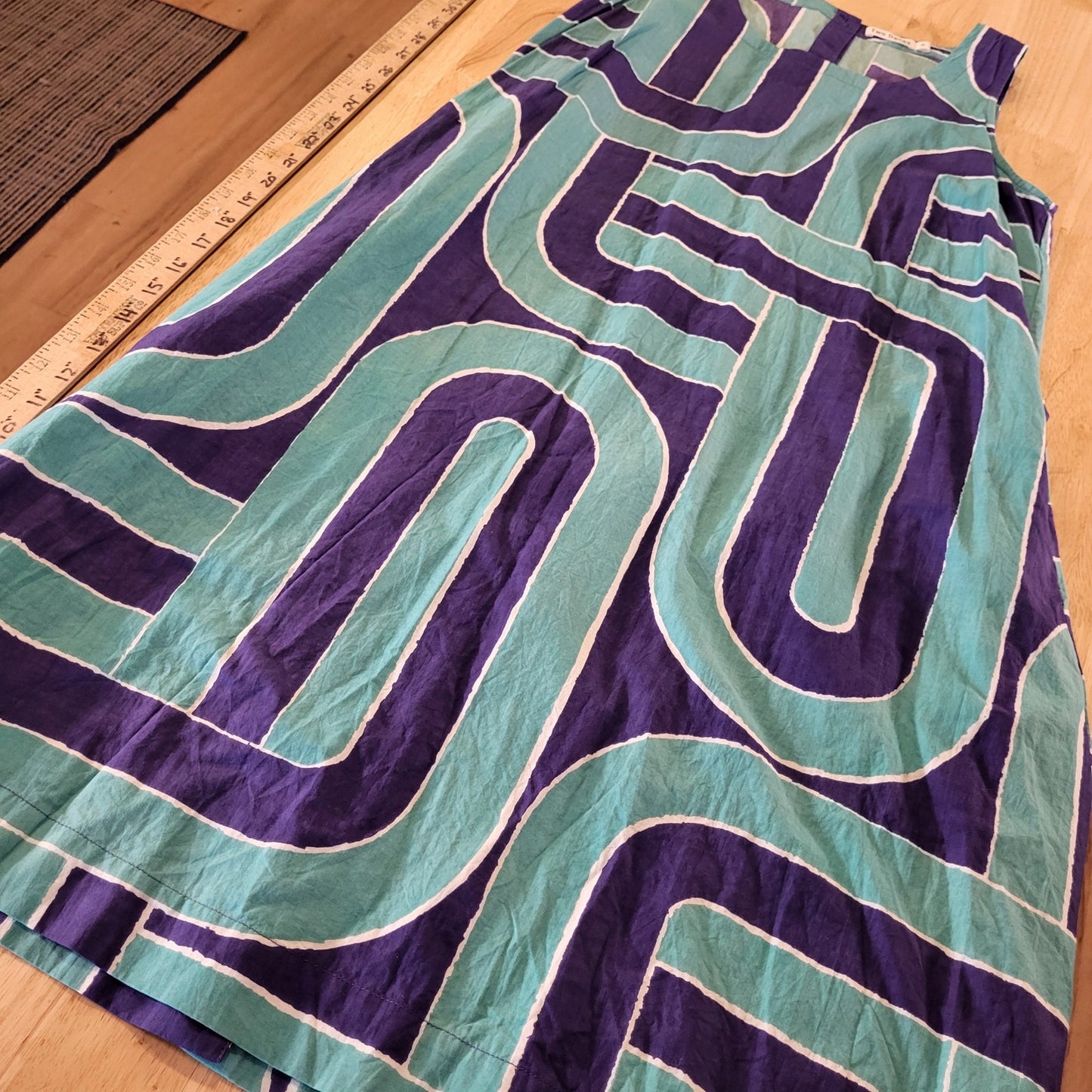 Two Danes Cotton Sleeveless Midi Pocket Blue Geometric Print Button Back xs