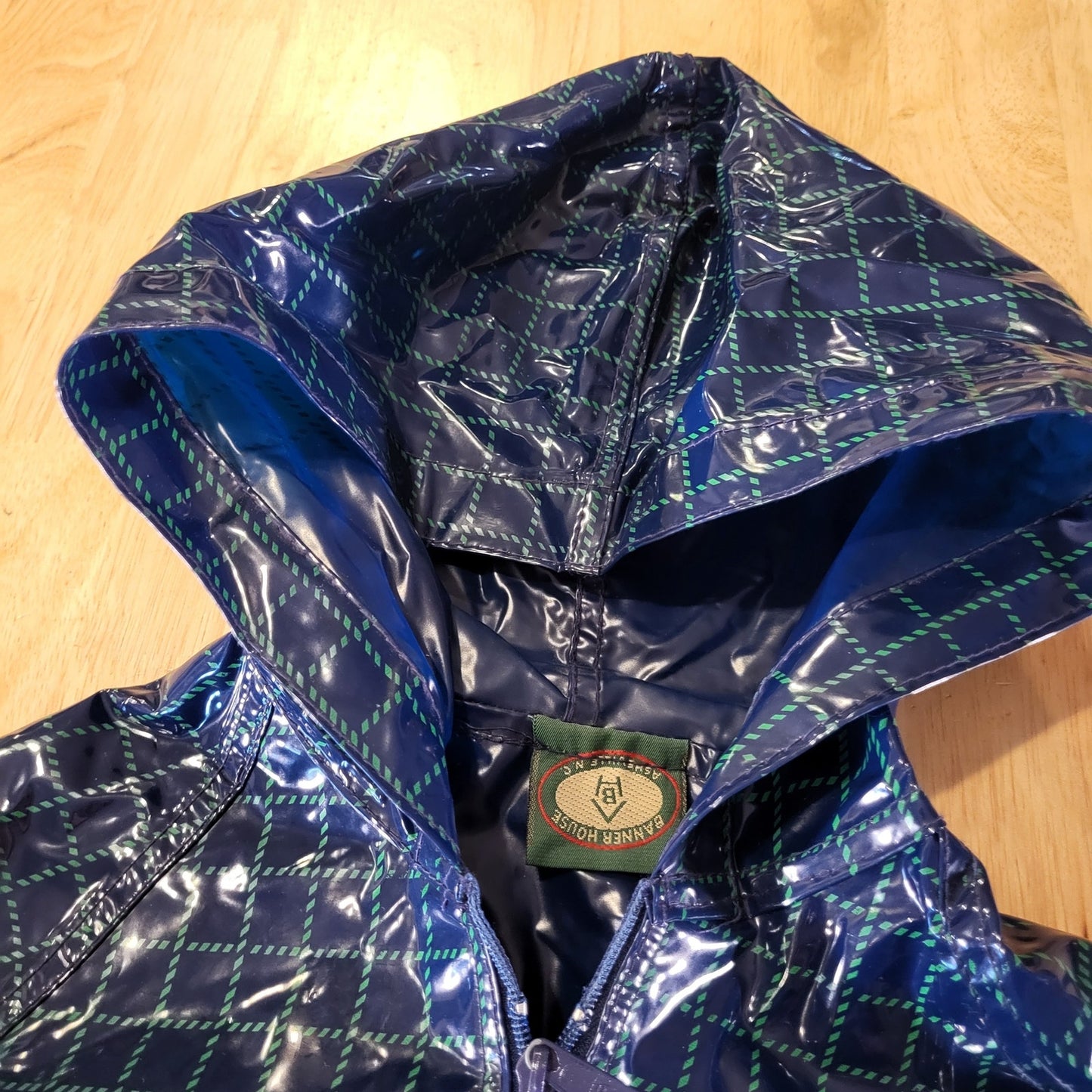 Banner House Asheville Kids Rubber Rain Coat Blue Check Duck Embroidery 20" P2P