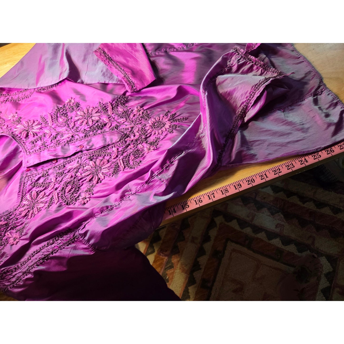 Satin hand Embroidered Iridescent Pink Heart Floral Motif Large Long Sleeve