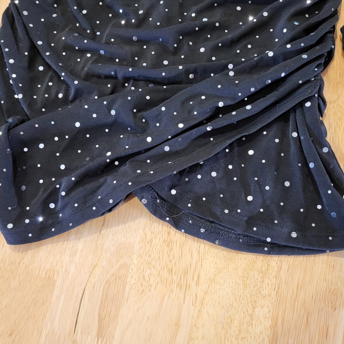 Black Jersey Knit Stretch Backless Long Sleeve Mini Dress Silver Metallic Dots