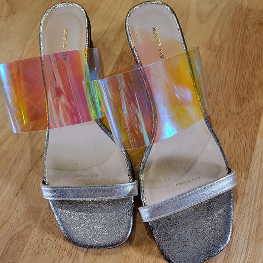 All Black Silver Metallic Iridescent Clear Band Wedge Size 40