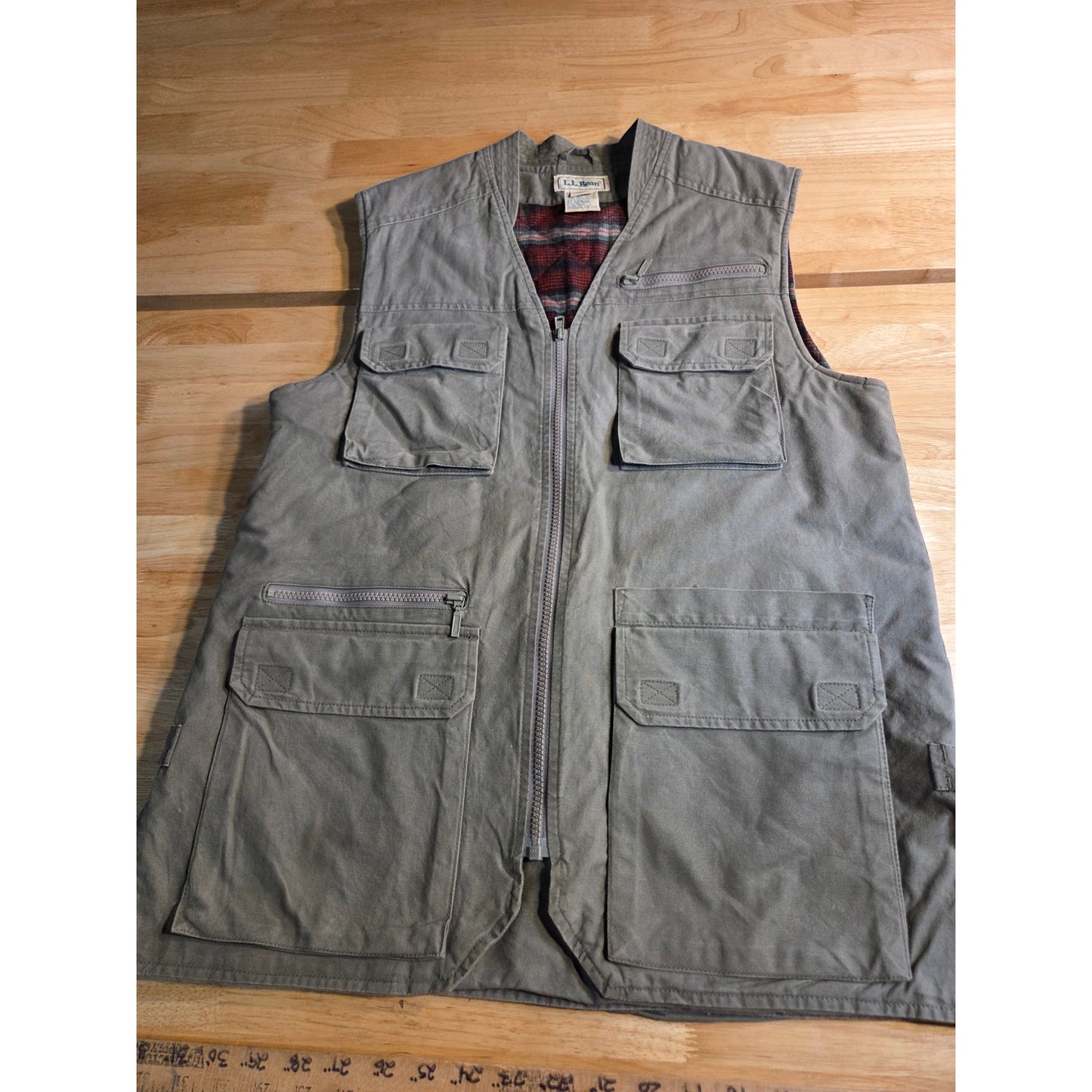 L. L. Bean Vintage Flannel Lined Army Green Hunting Vest 100% Cotton SZ Medium
