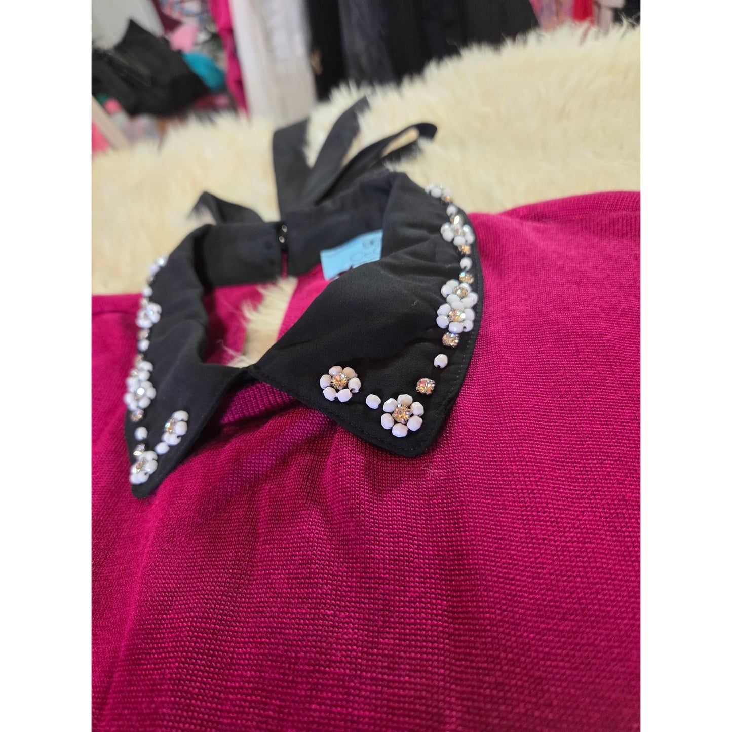 NWT Cece Pink fuchsia magenta sweater dress rhinestone Peter Pan collar