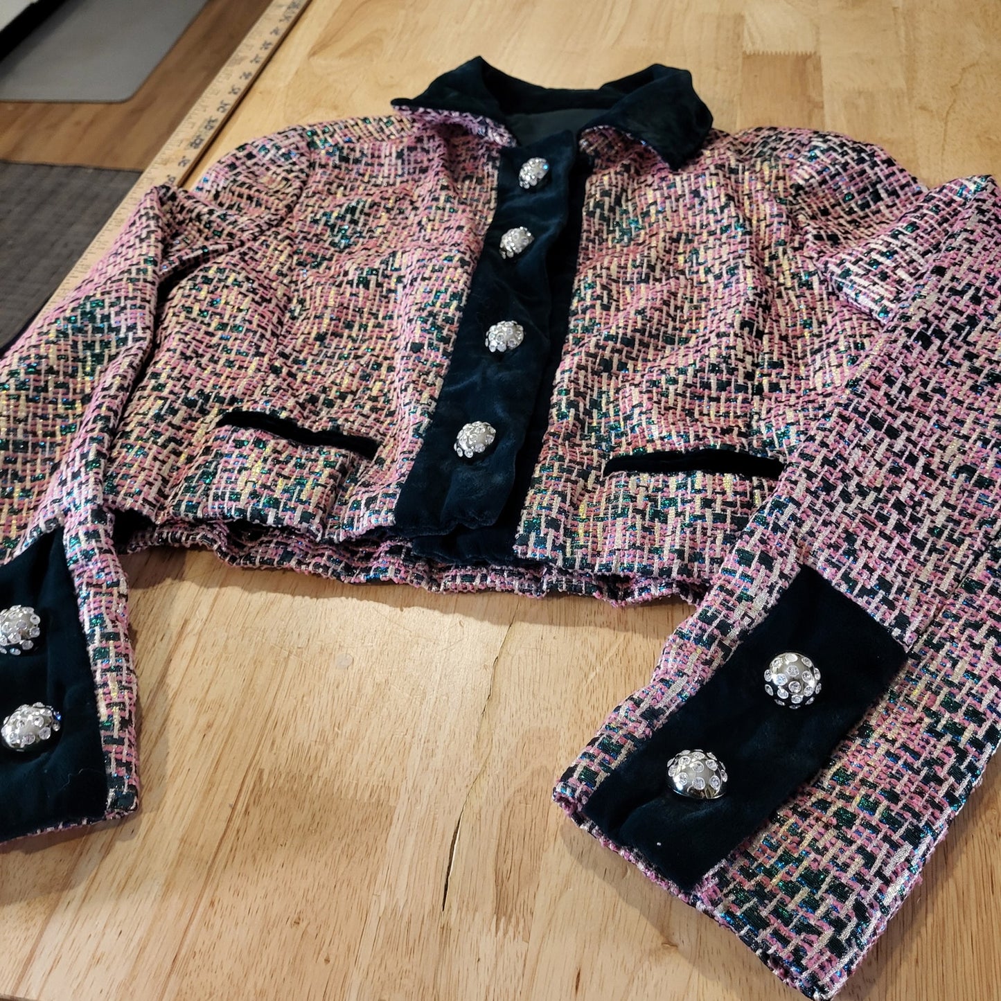 Vintage Tweed Metallic Pink Shirt Coat Green Velvet Trim Rhinestone Buttons 16"